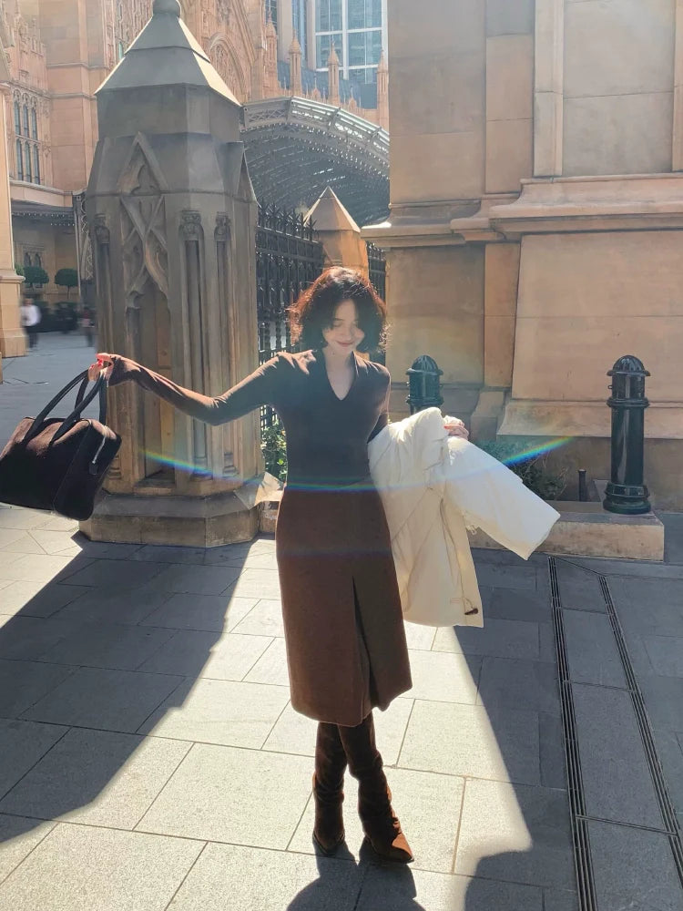 Slit Woolen Midi Pencil Skirt