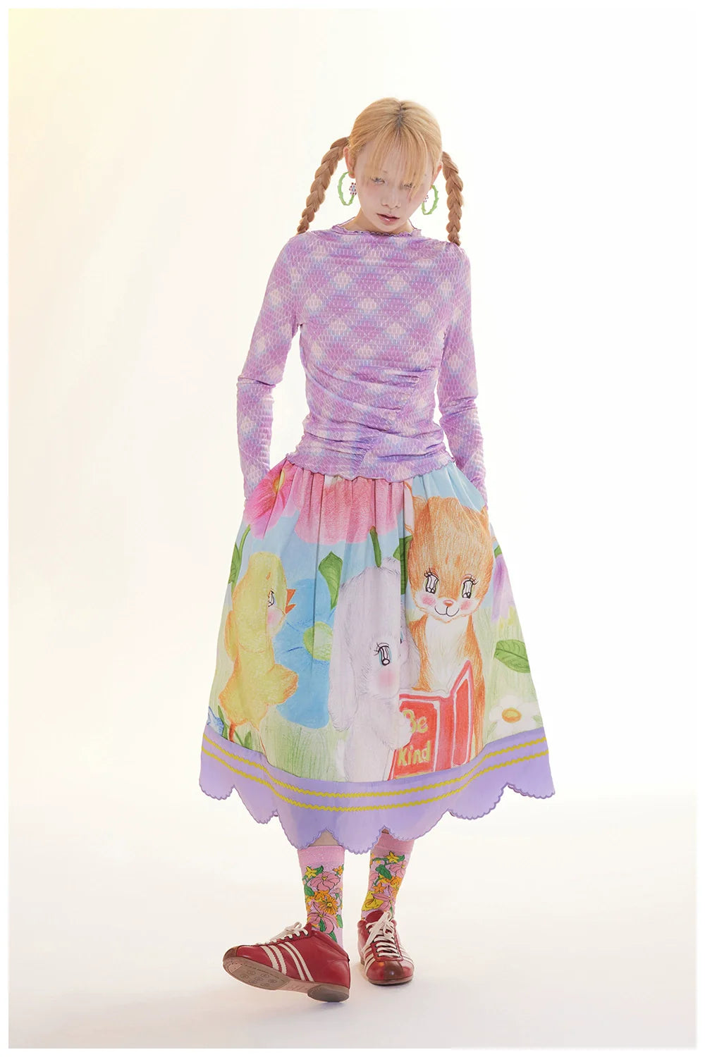 Pastel Garden Print Scalloped Midi Skirt