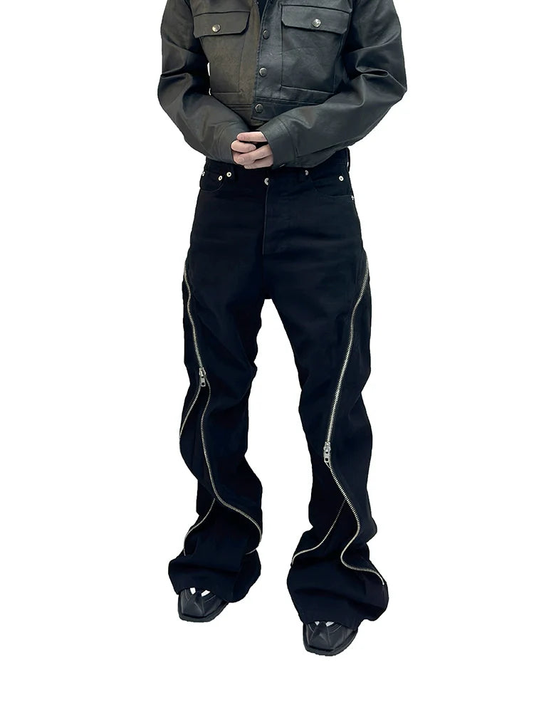 Black Wide-Leg Jeans with Exposed Curved Zippers