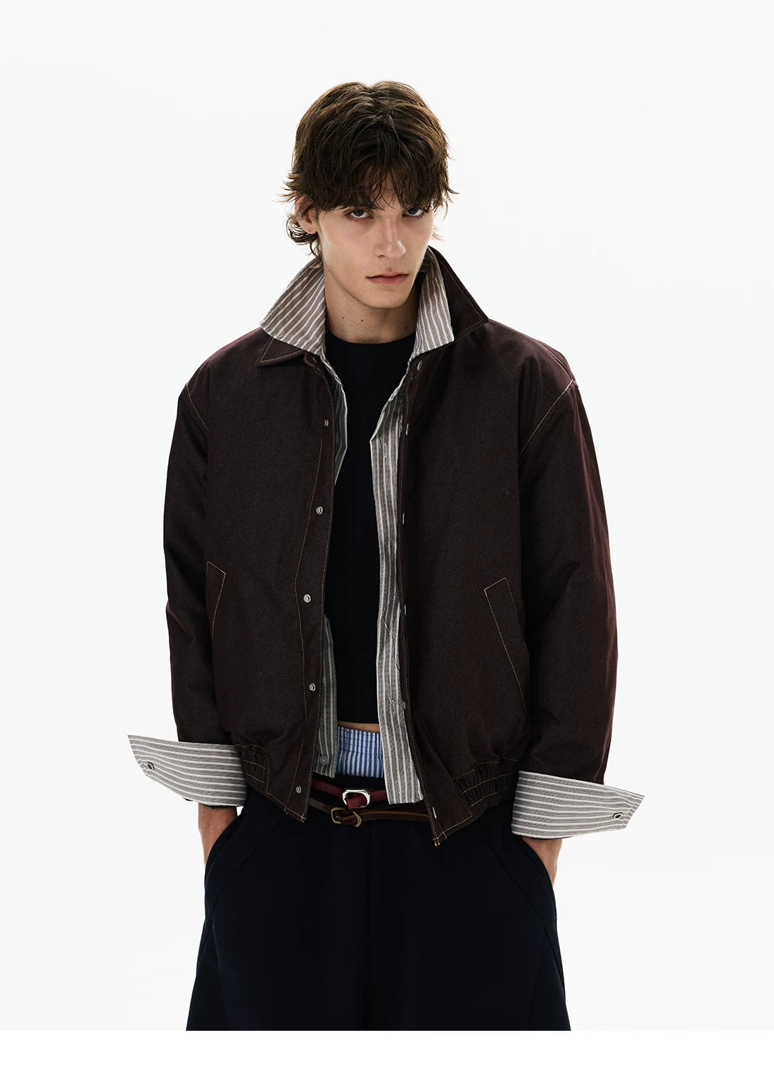 Layered Harbor Stripe-Lined Harrington Jacket