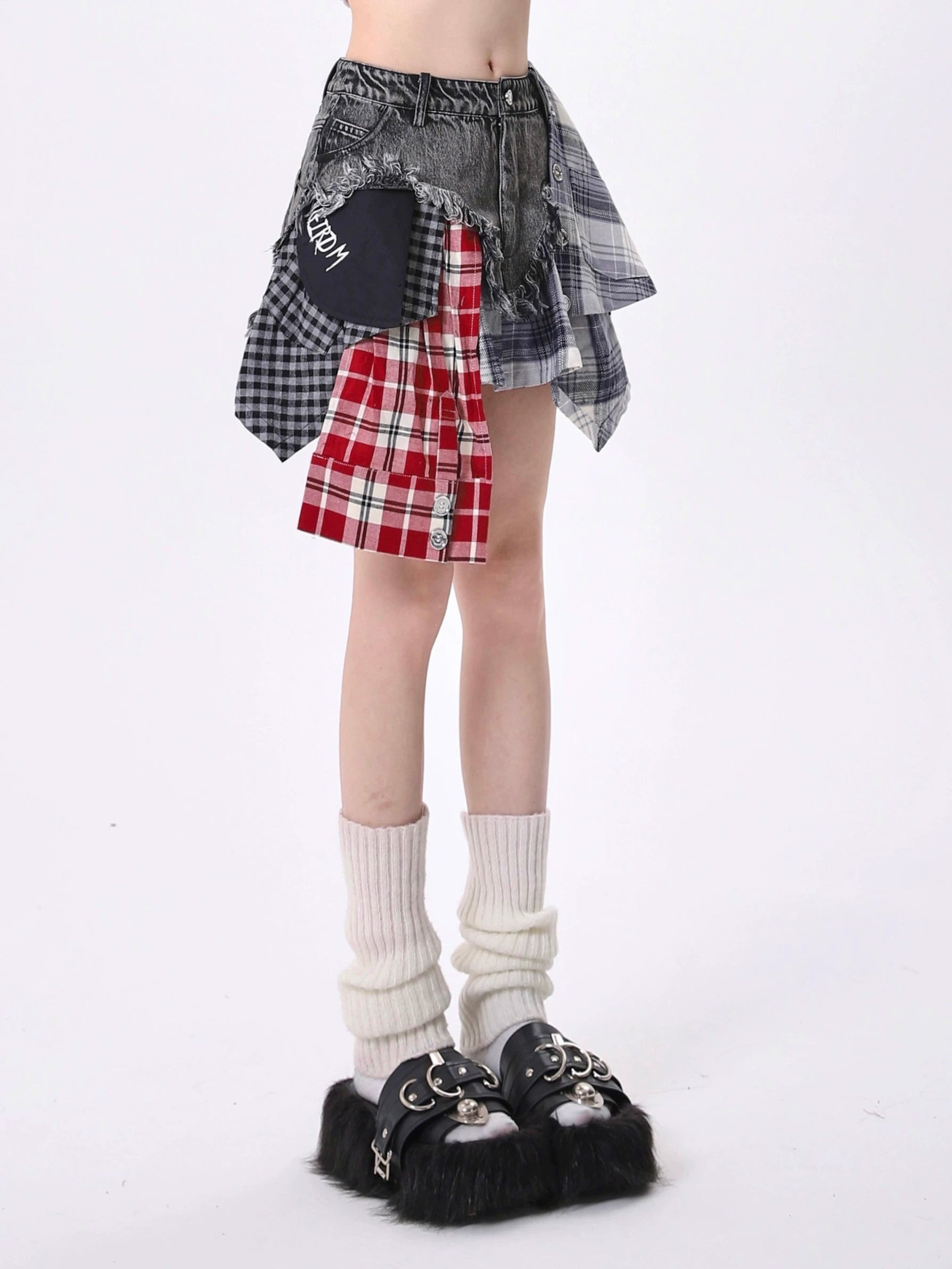 Mixed Plaid Patchwork Denim Mini Skirt