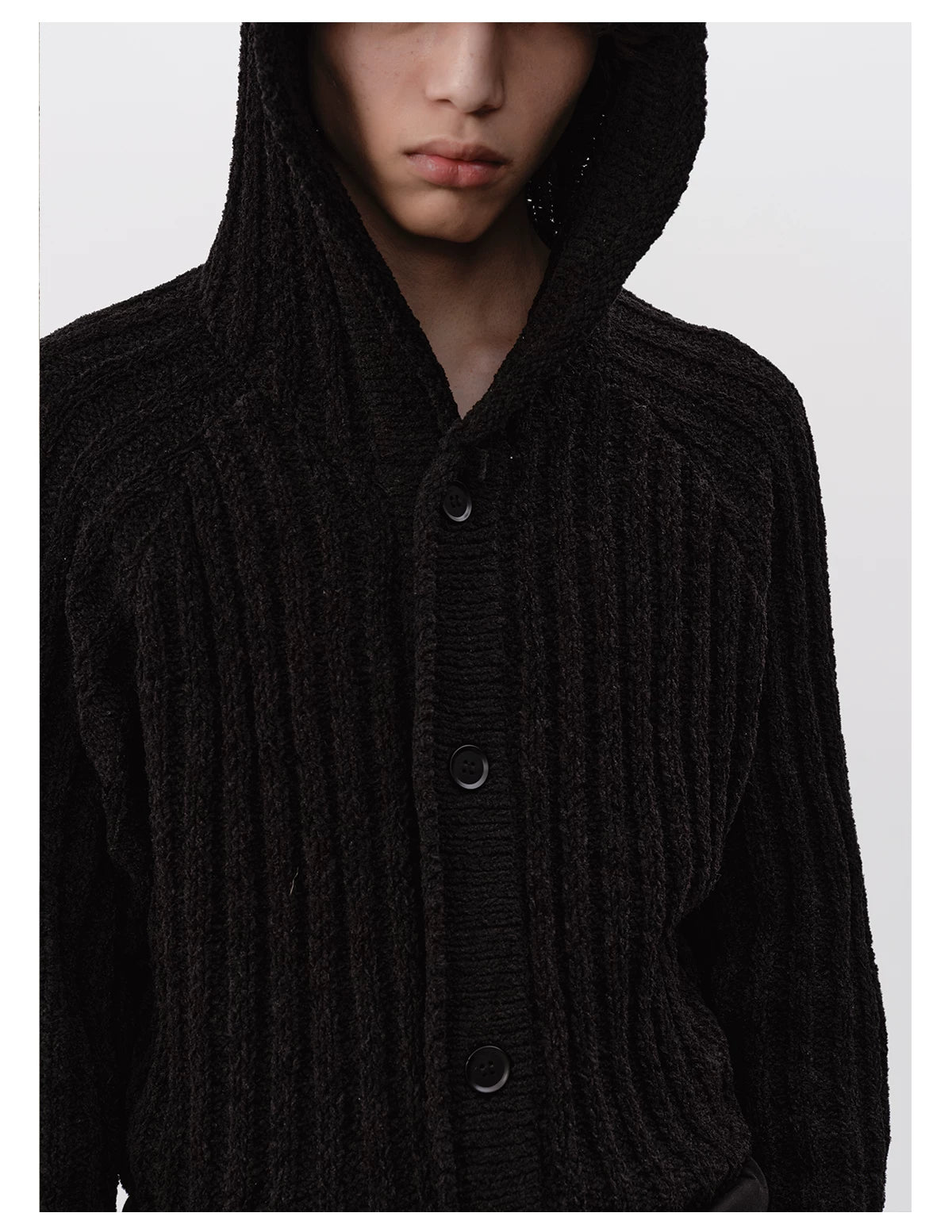 Ribbed Button-Up Knit Hoodie Cardigan