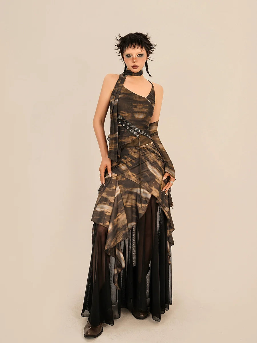 Nico Molly Abstract Tie-Dye Asymmetrical Skirt - Brown and Black