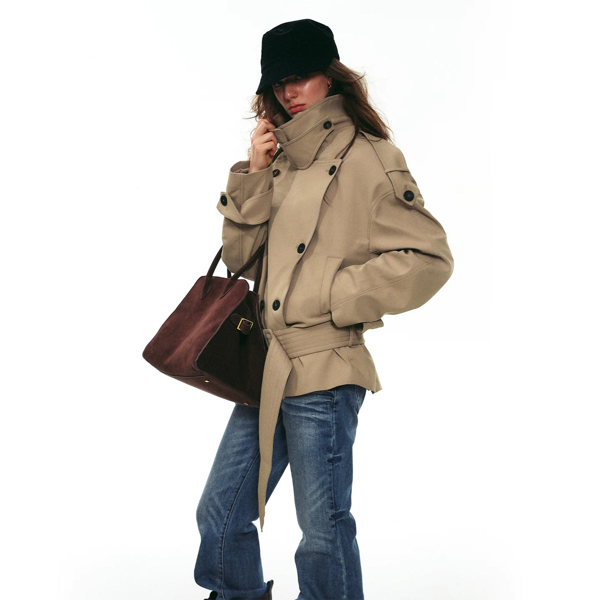Draped Collar Belted Trench Jacket