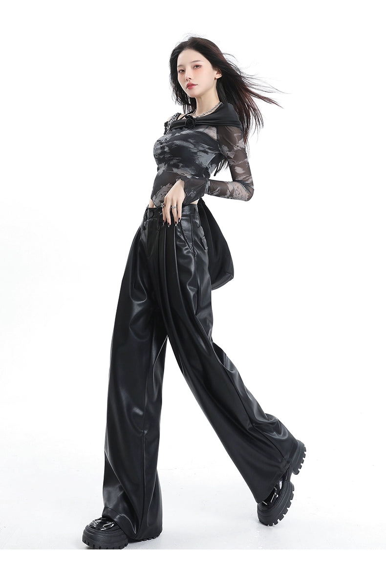 Coffee Wide-Leg Pu Leather Pants - chiclara