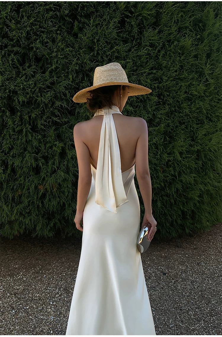 Backless Halter Satin Slip Dress
