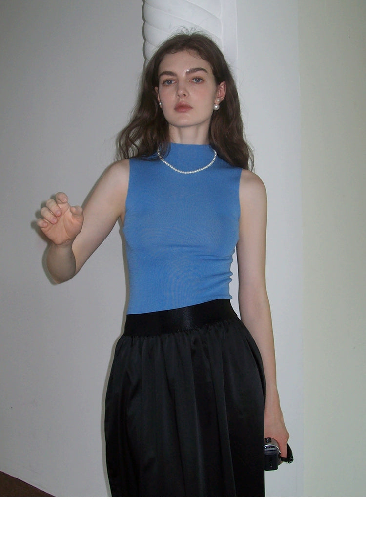 French Semi-High Neck Wool Knit Seamless Blue Tank Top - chiclara