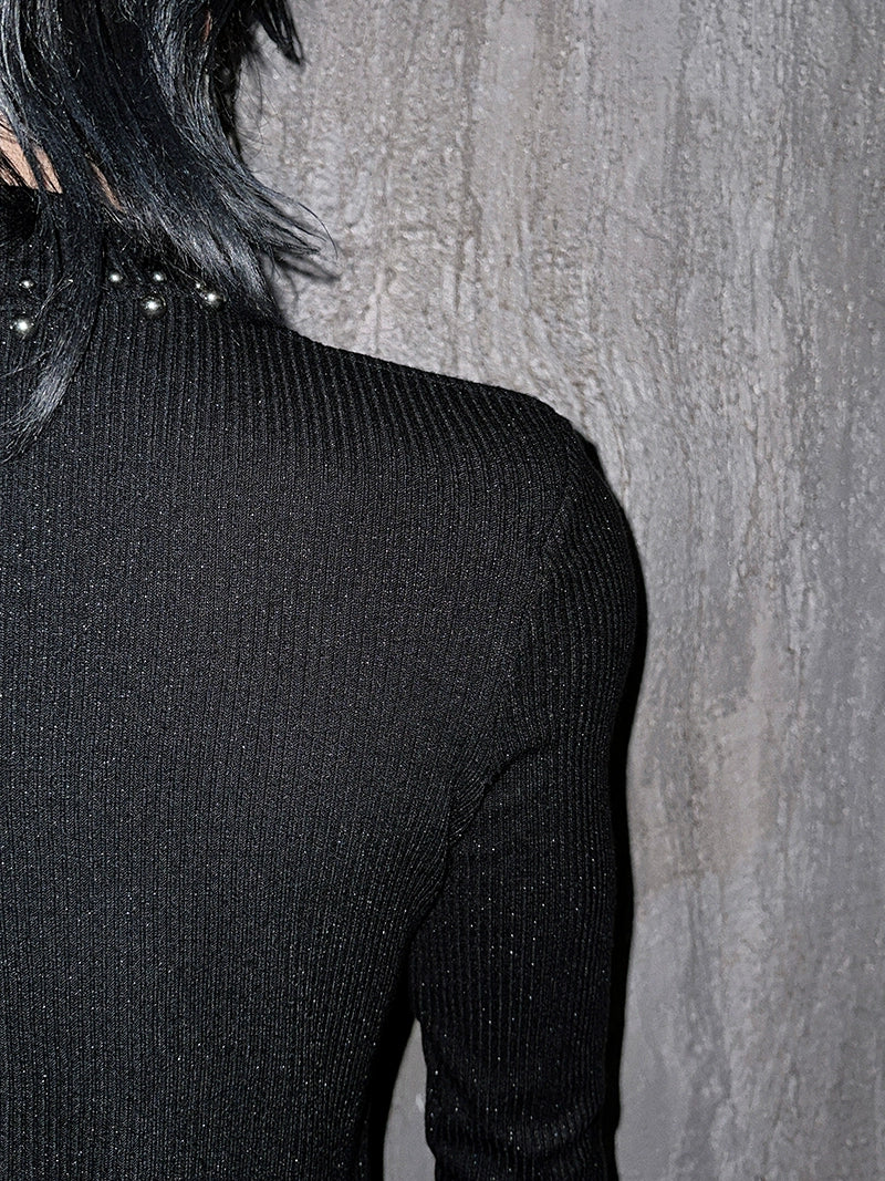 Black Studded Collar Ribbed Knit Top