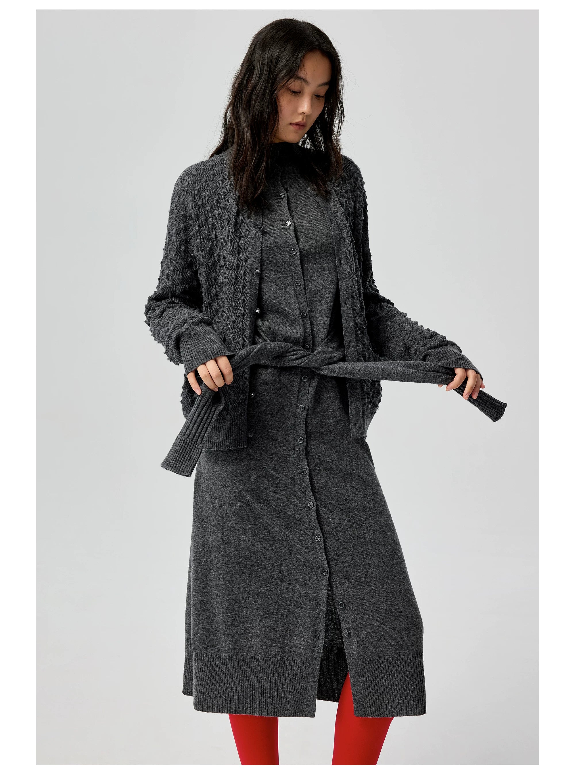 Button-Front Knit Midi Dress with Waist Tie
