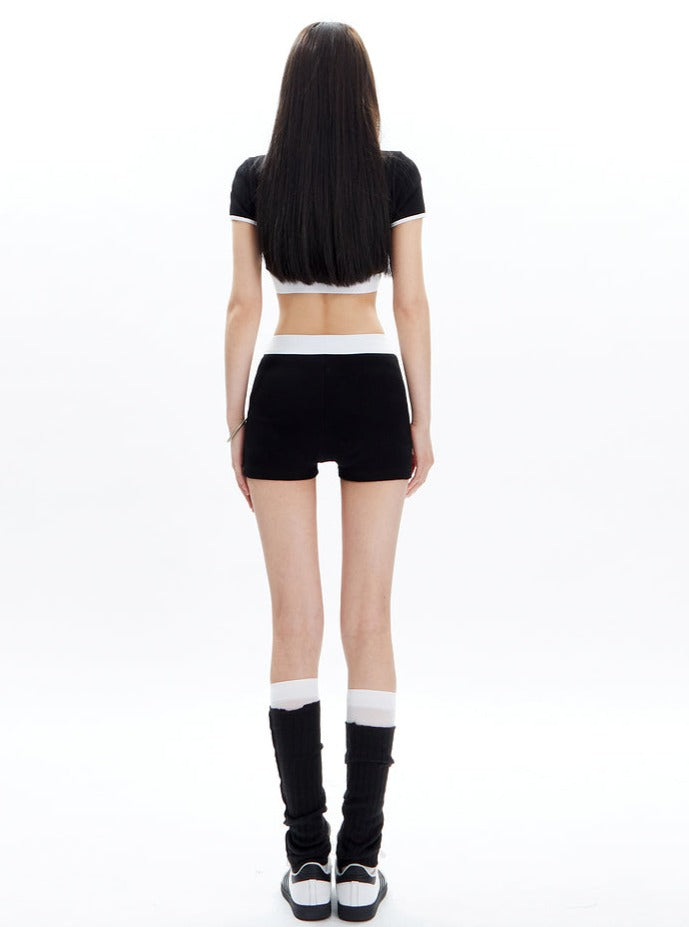 Black and White Contrast Trim Crop Top and Shorts Set