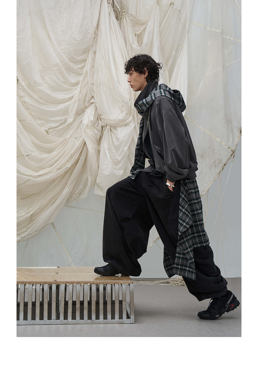 Layered Plaid Balloon Denim Pants