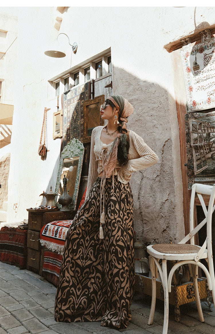 Boho Red and White Print Wide-Leg Pants