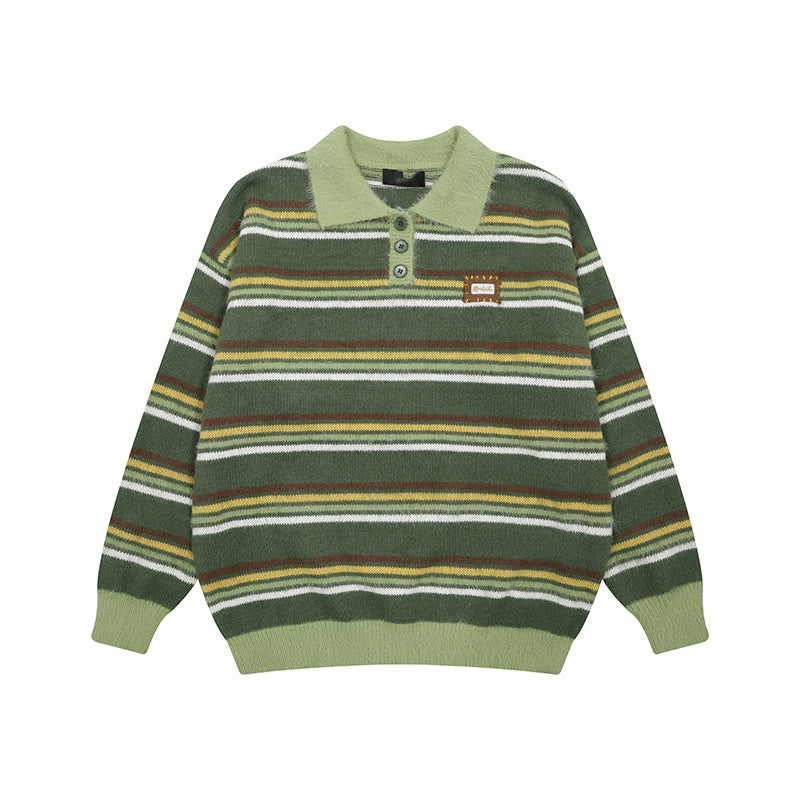 Retro Striped Fuzzy Knit Collared Sweater