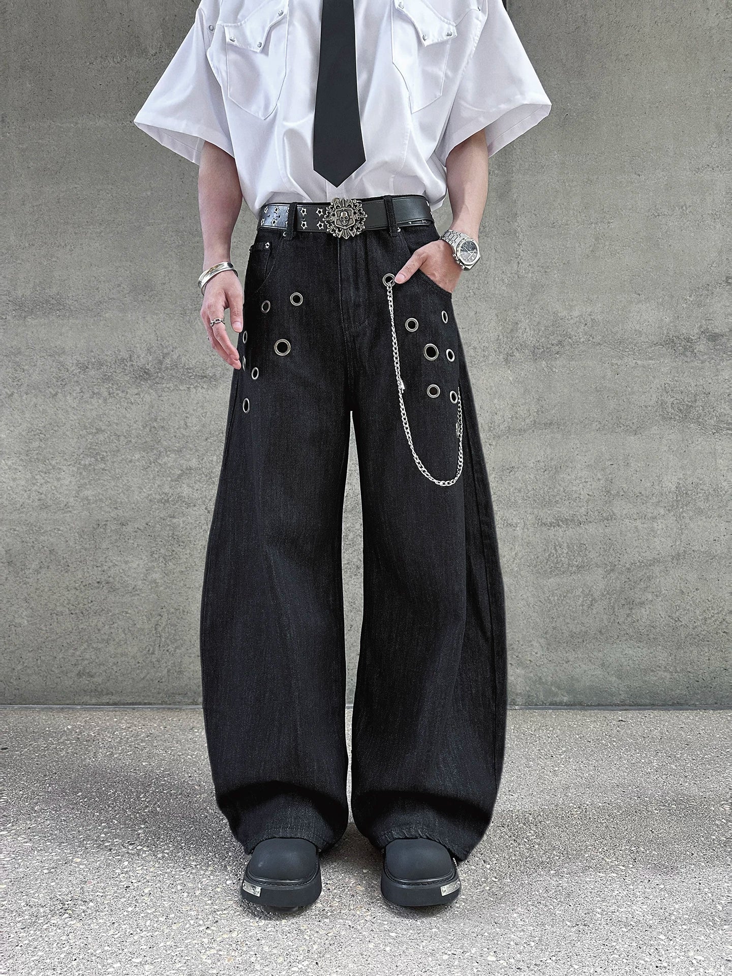 Helix Chain Void-Grommet Denim Jeans