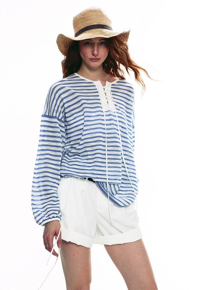 Nautical Lace-Up Striped Top