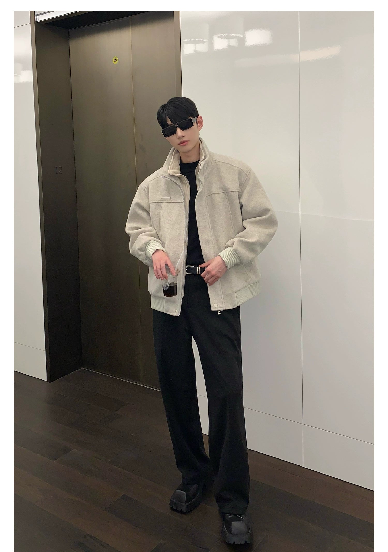 Bomber Jacket with Stand Collar and Ribbed Cuffs