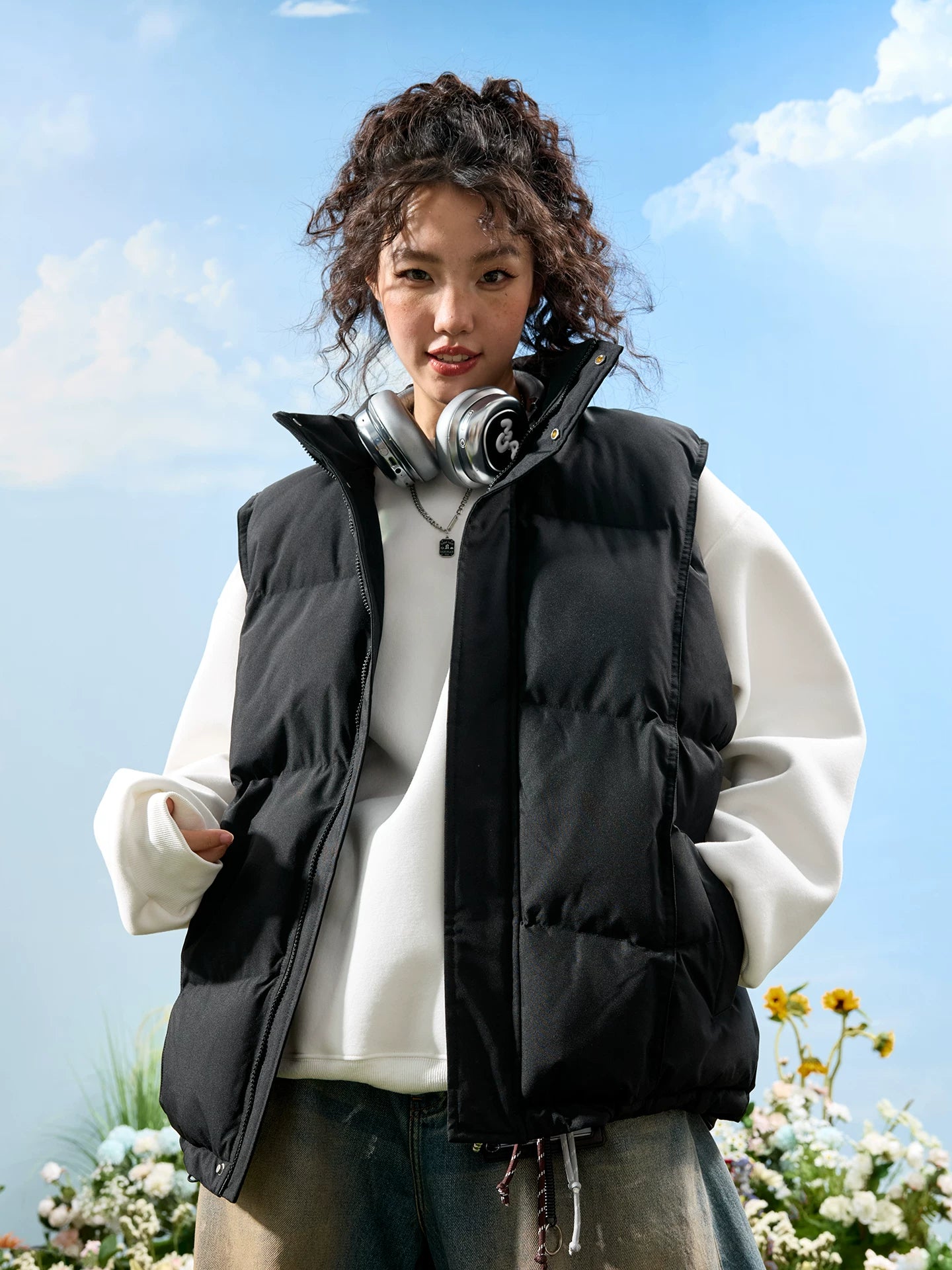Oversized Puffer Vest with Stand Collar