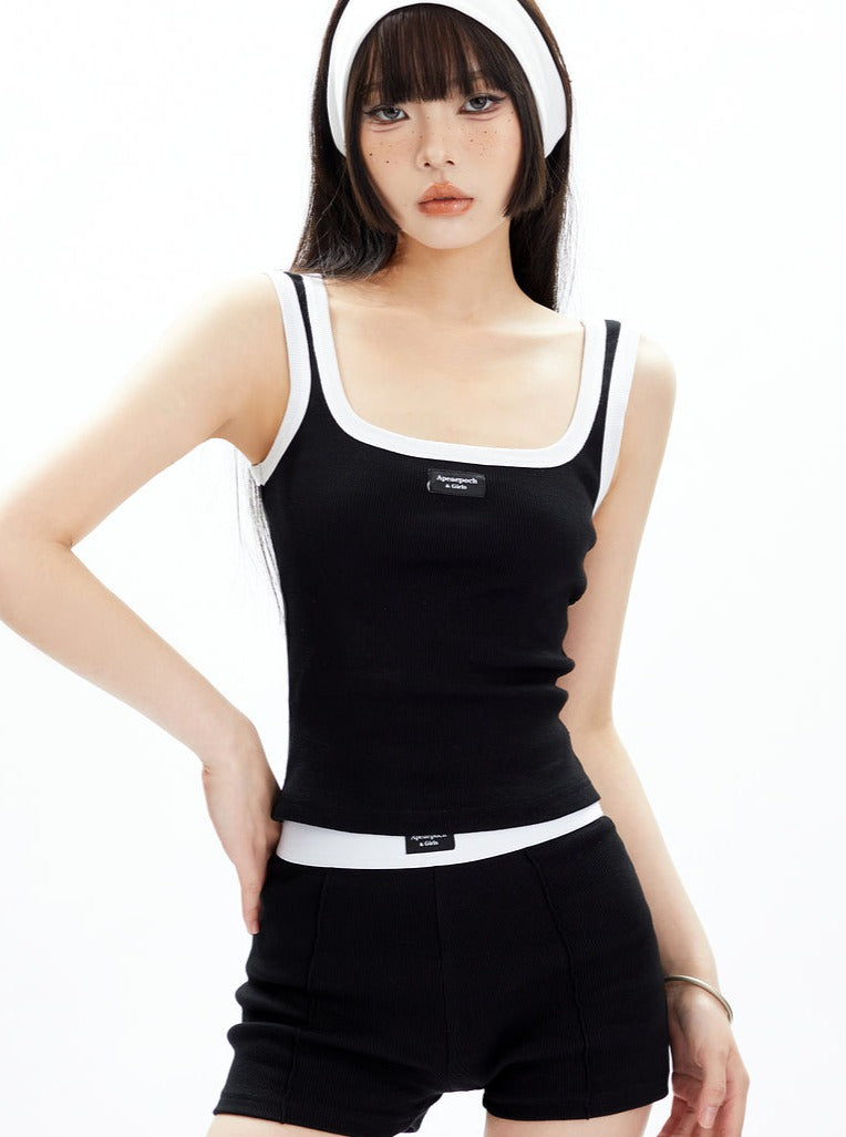 Black and White Contrast Trim Crop Top and Shorts Set