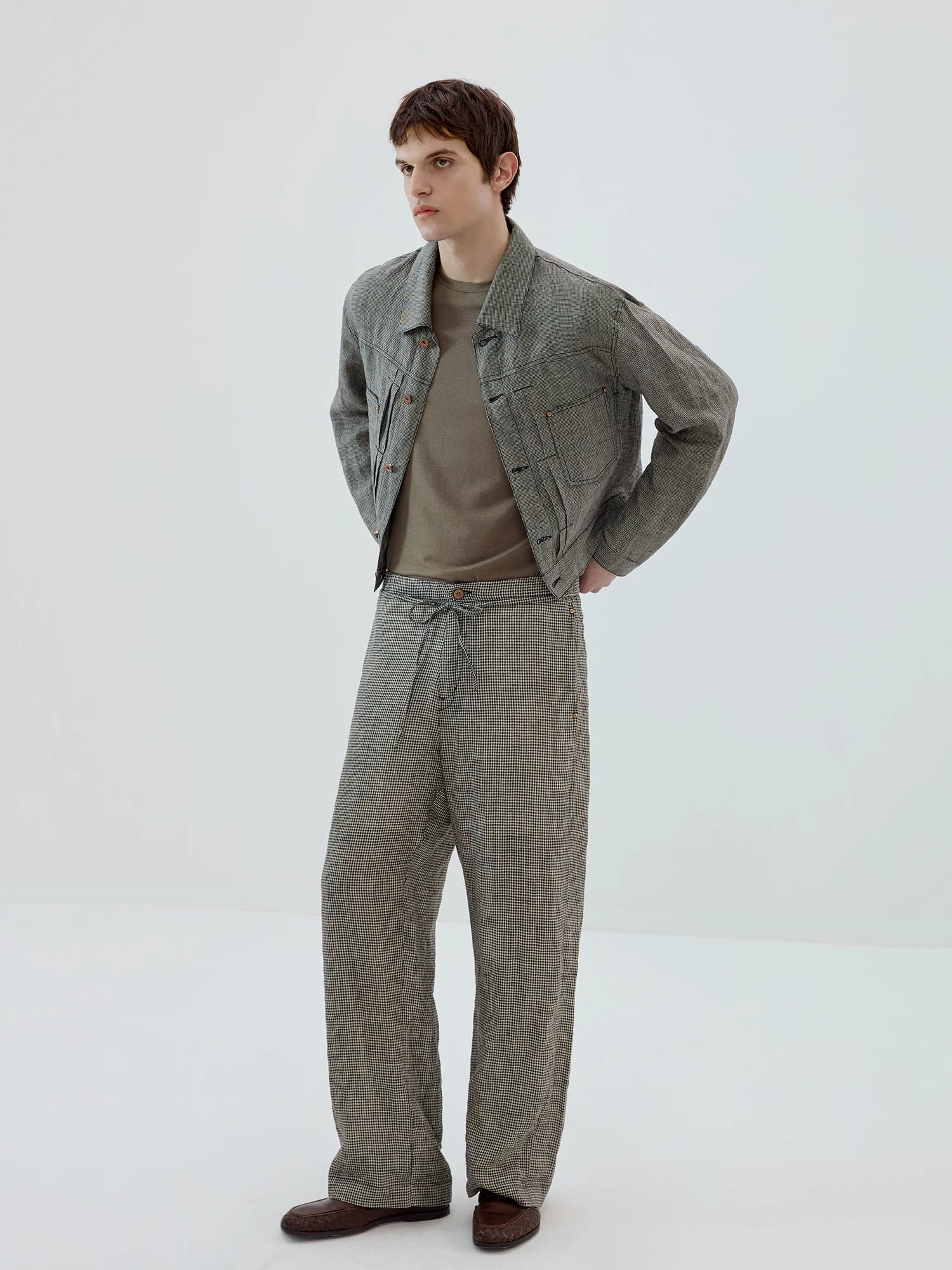 Microcheck Drawstring Wide-Leg Pants