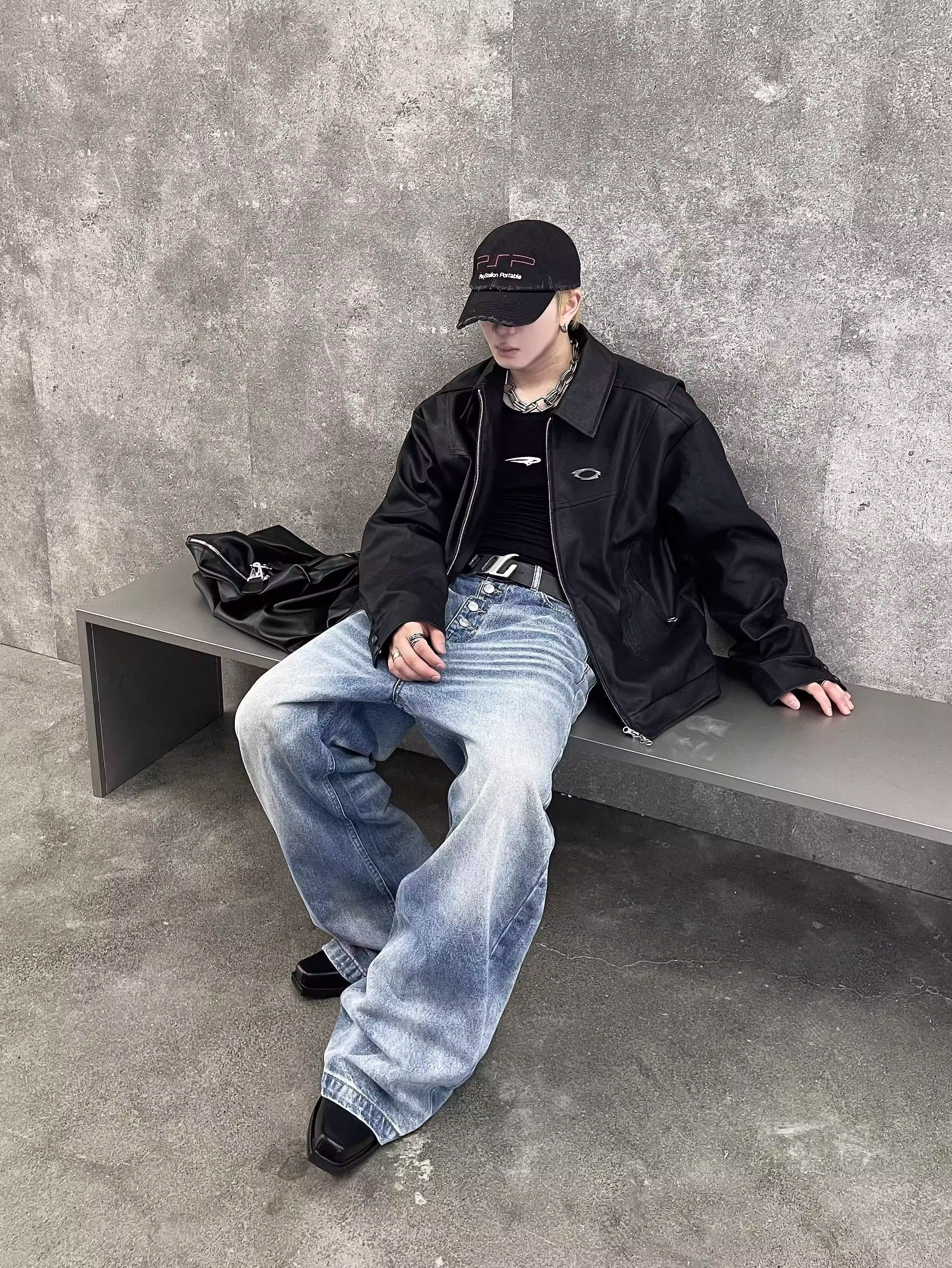 Button Fly Baggy Washed Jeans