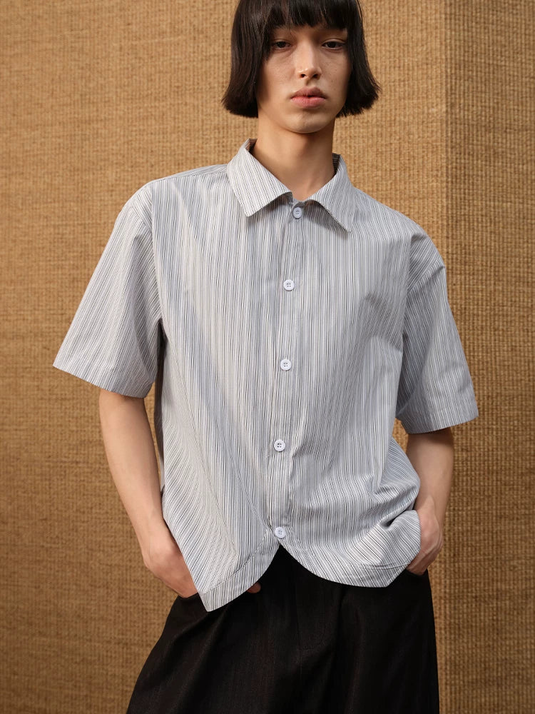 Pinstripe Short-Sleeve Curved-Hem Shirt