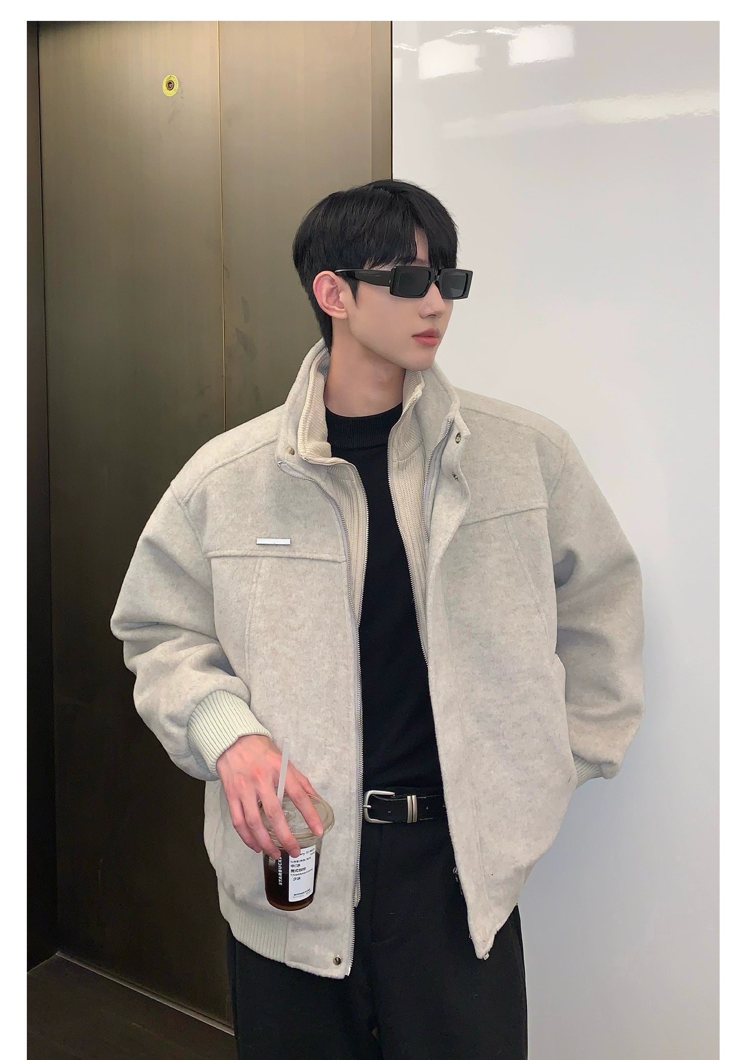 Bomber Jacket with Stand Collar and Ribbed Cuffs