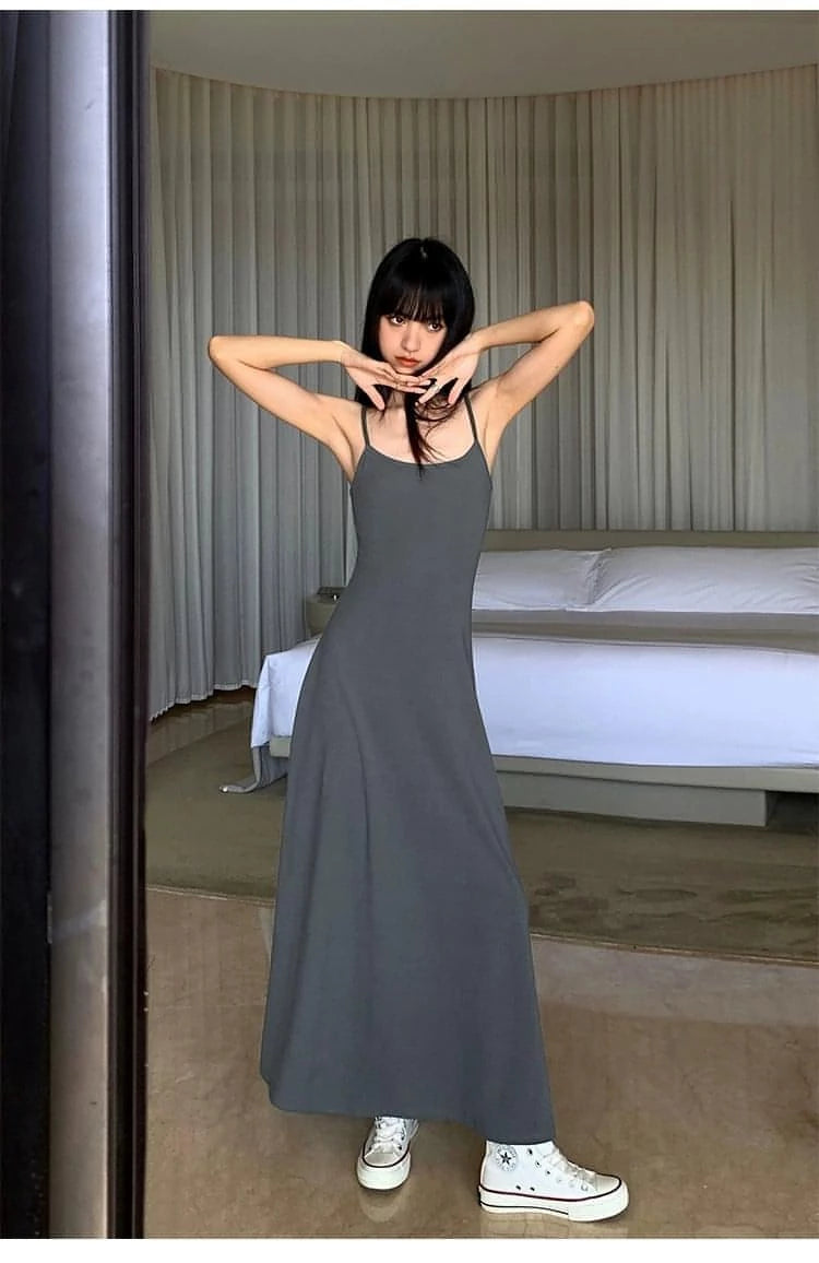 Summer Black Slimming Spaghetti Strap Midi Dress - chiclara