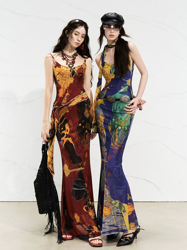 Autumn Flame Halter Maxi Dress