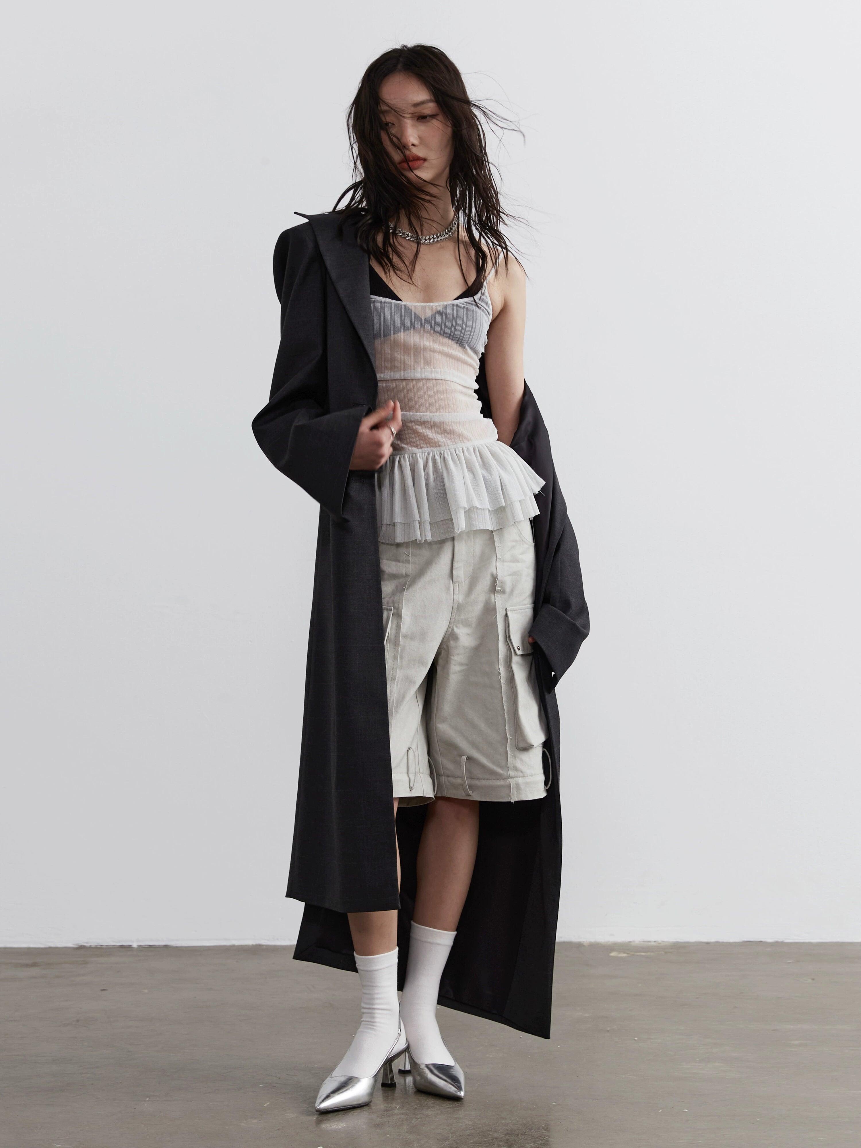 Jnylon Studio Sheer plisado Corsé Top - Mesh blanca de mujeres Ruched Ruched Bustier con falda de tul