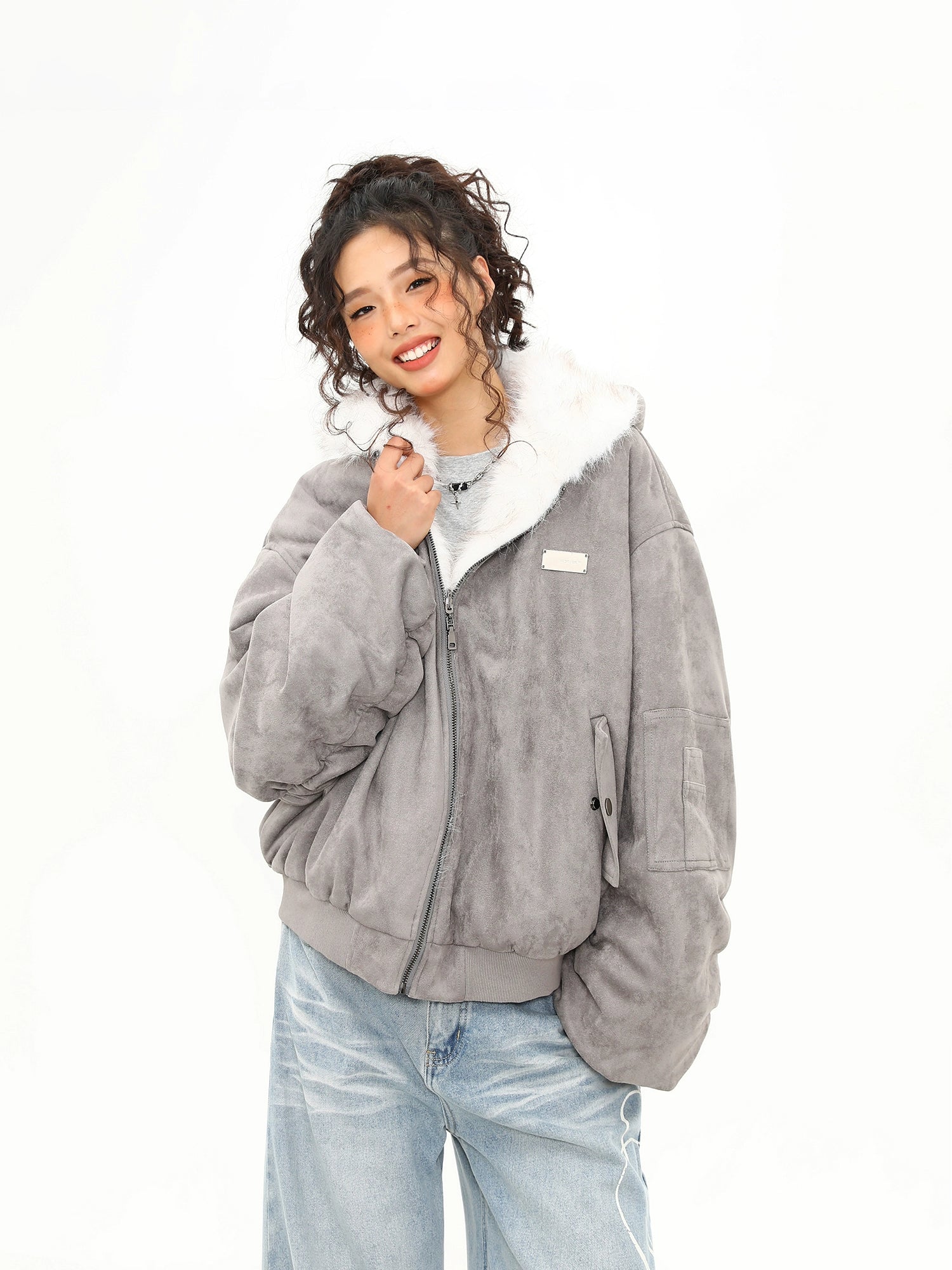 Ash Cloud Faux Fur Collar Bomber Jacket