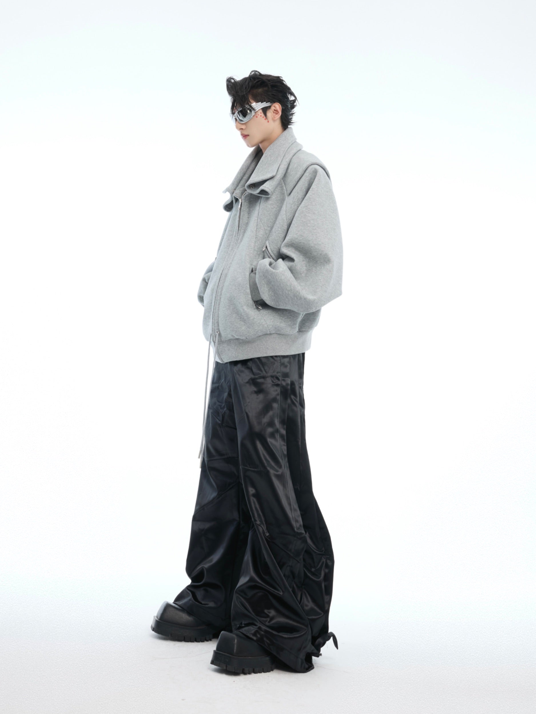 Gray Drawstring Zip Bomber Jacket