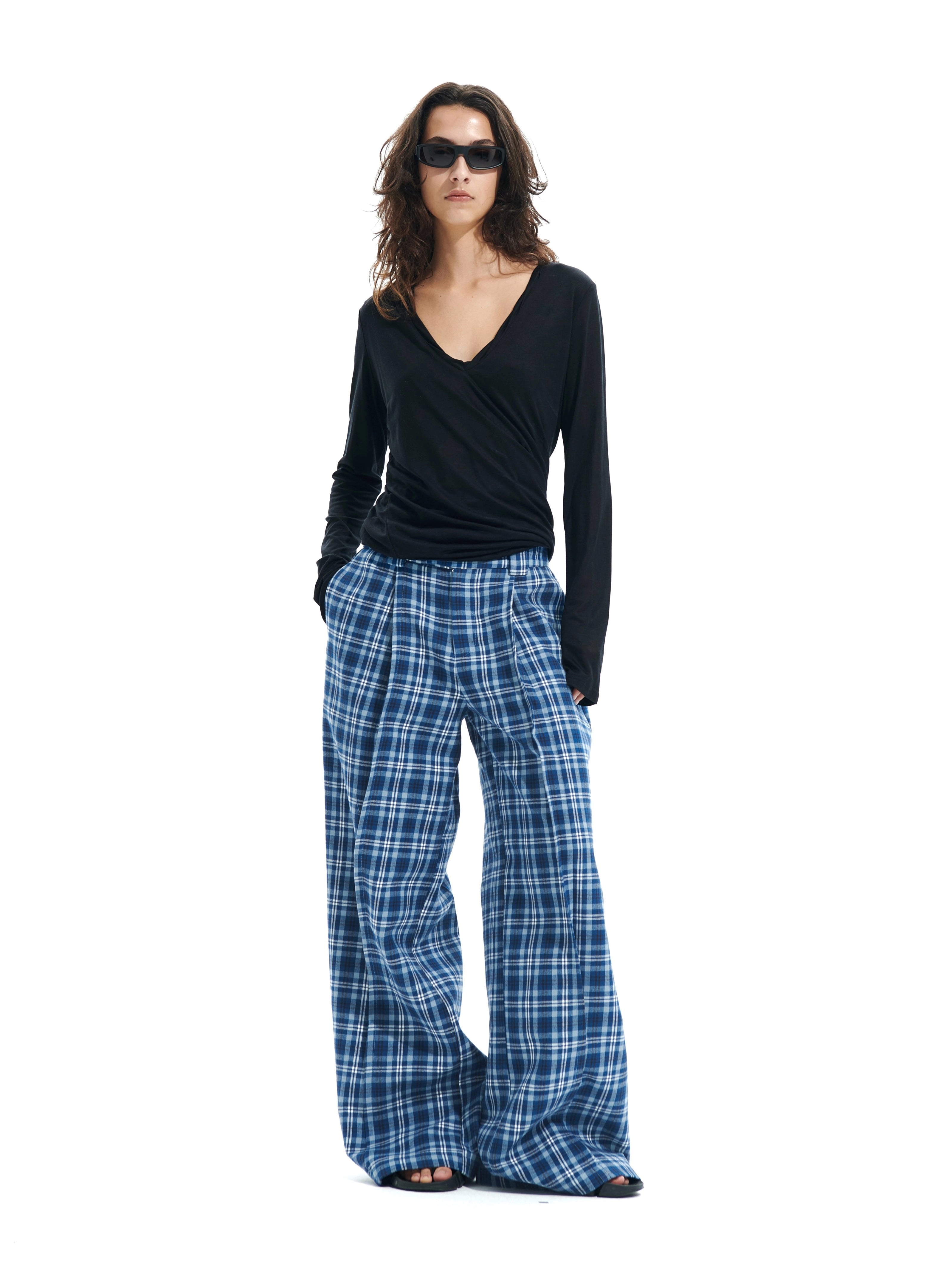Plaid-Casu-Hosen mit weitem Bein