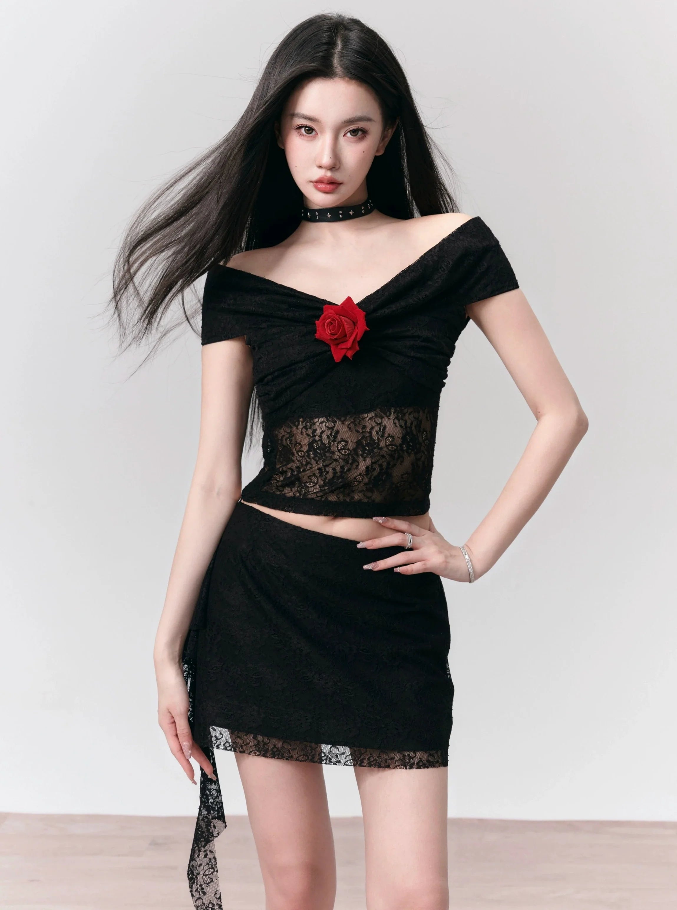 Rose Embellished Off-Shoulder Lace Crop Top and Asymmetric Lace Mini S Rose Embellished Off-Shoulder Lace Crop Top and Asymmetric Lace Mini S