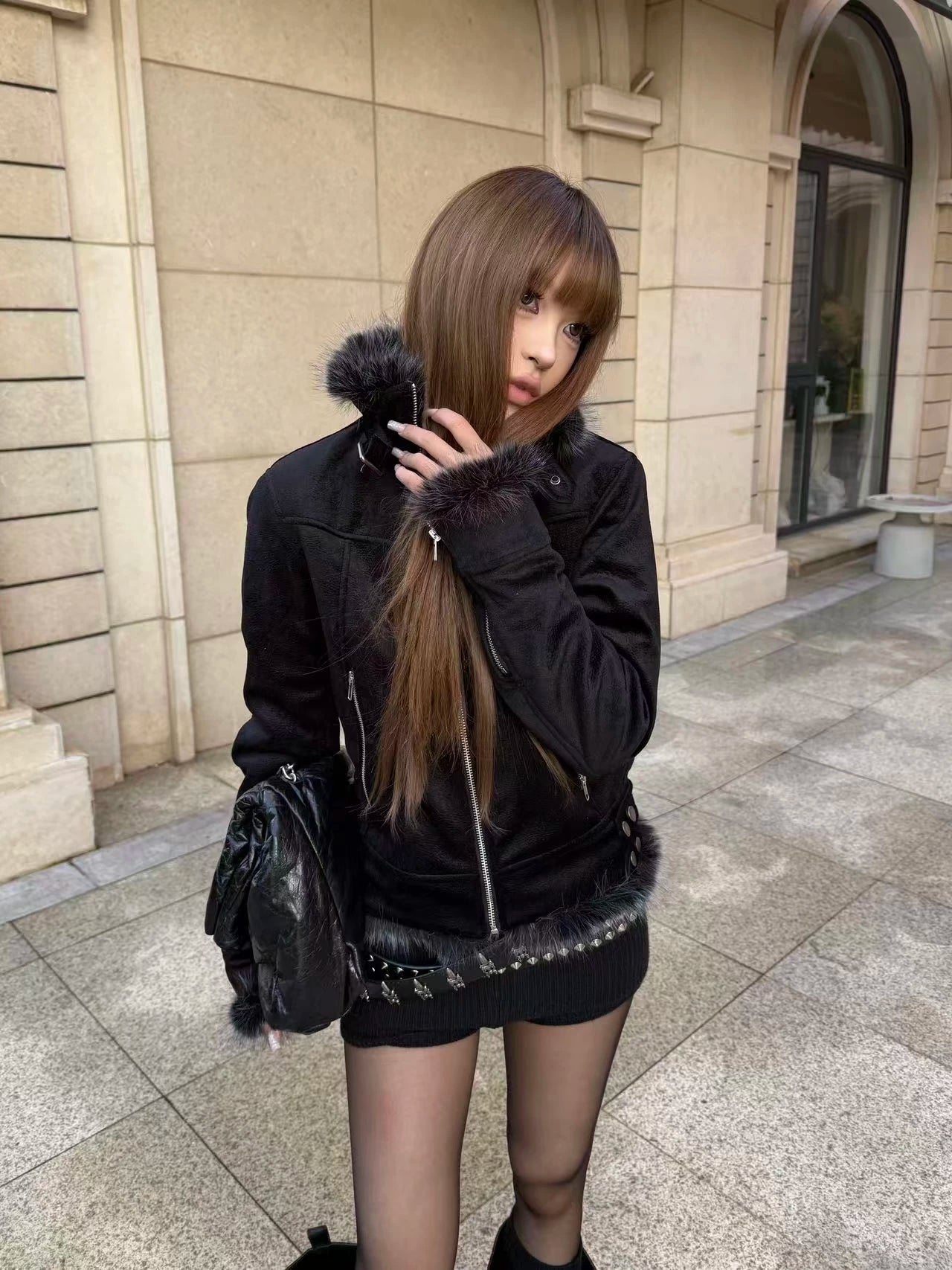 Short Fox Fur Collar Winter Moto Jacket