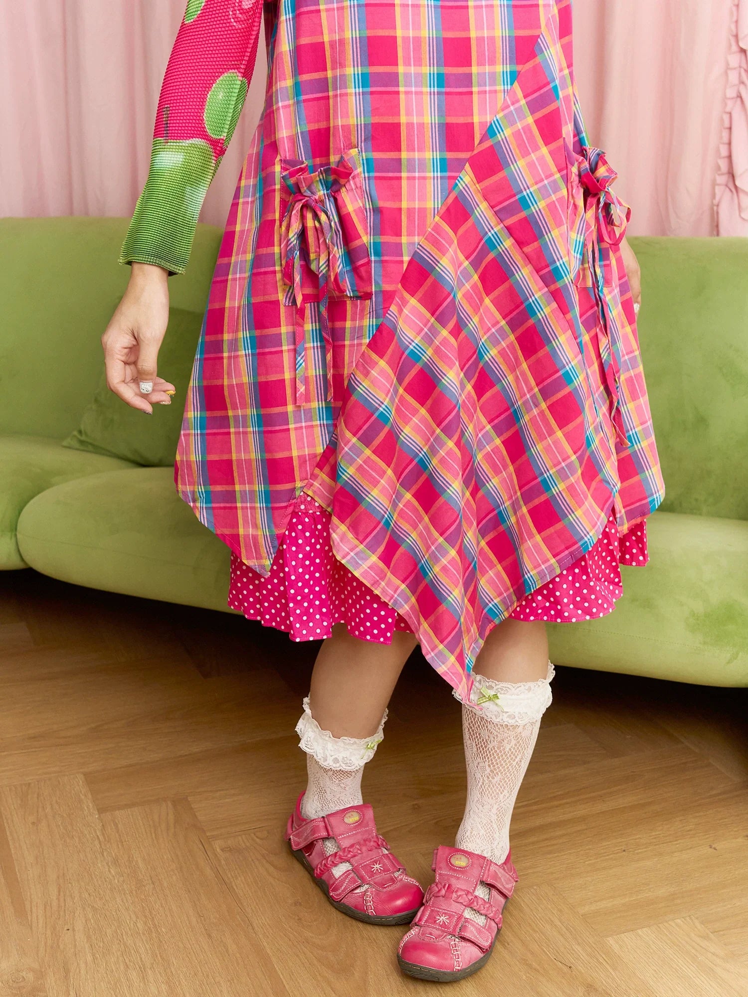 Pink Plaid Ruffle Layered Pinafore Dress