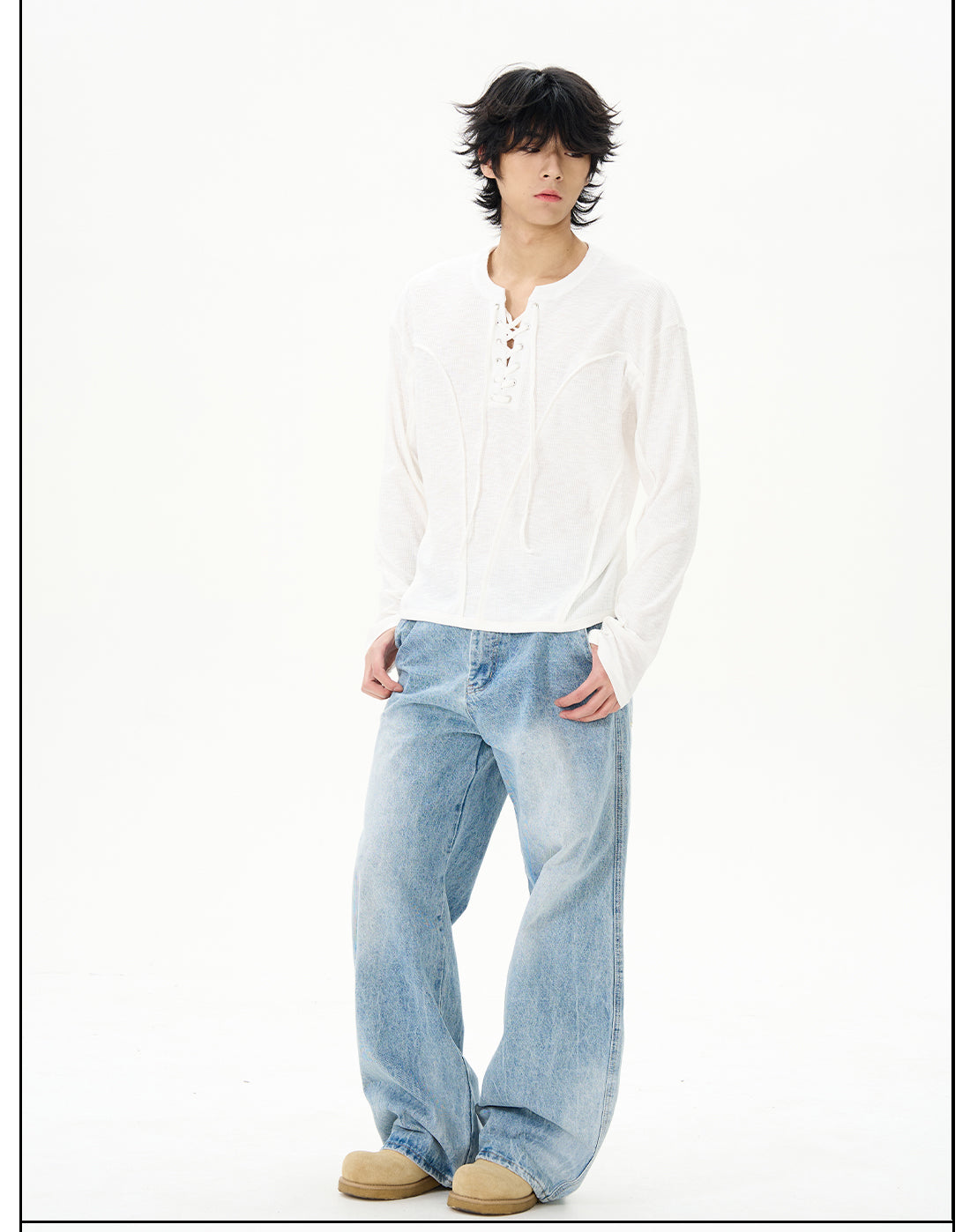 White Linen Lace-Up Henley Shirt