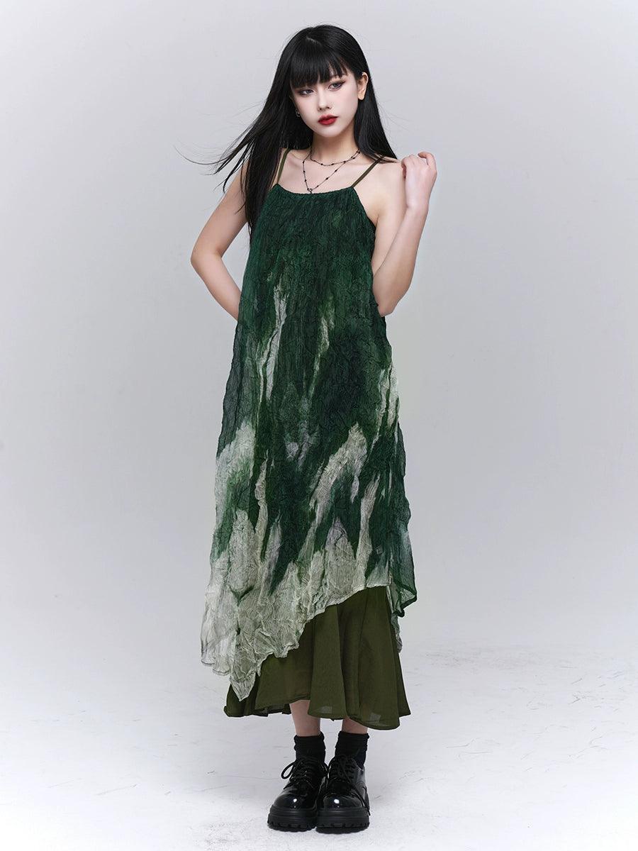 Ladyghost Forest Sprite 레이어드 맥시 드레스 - 여성용 녹색 옴브레 타이 다이 슬립 드레스, 비대칭 밑단