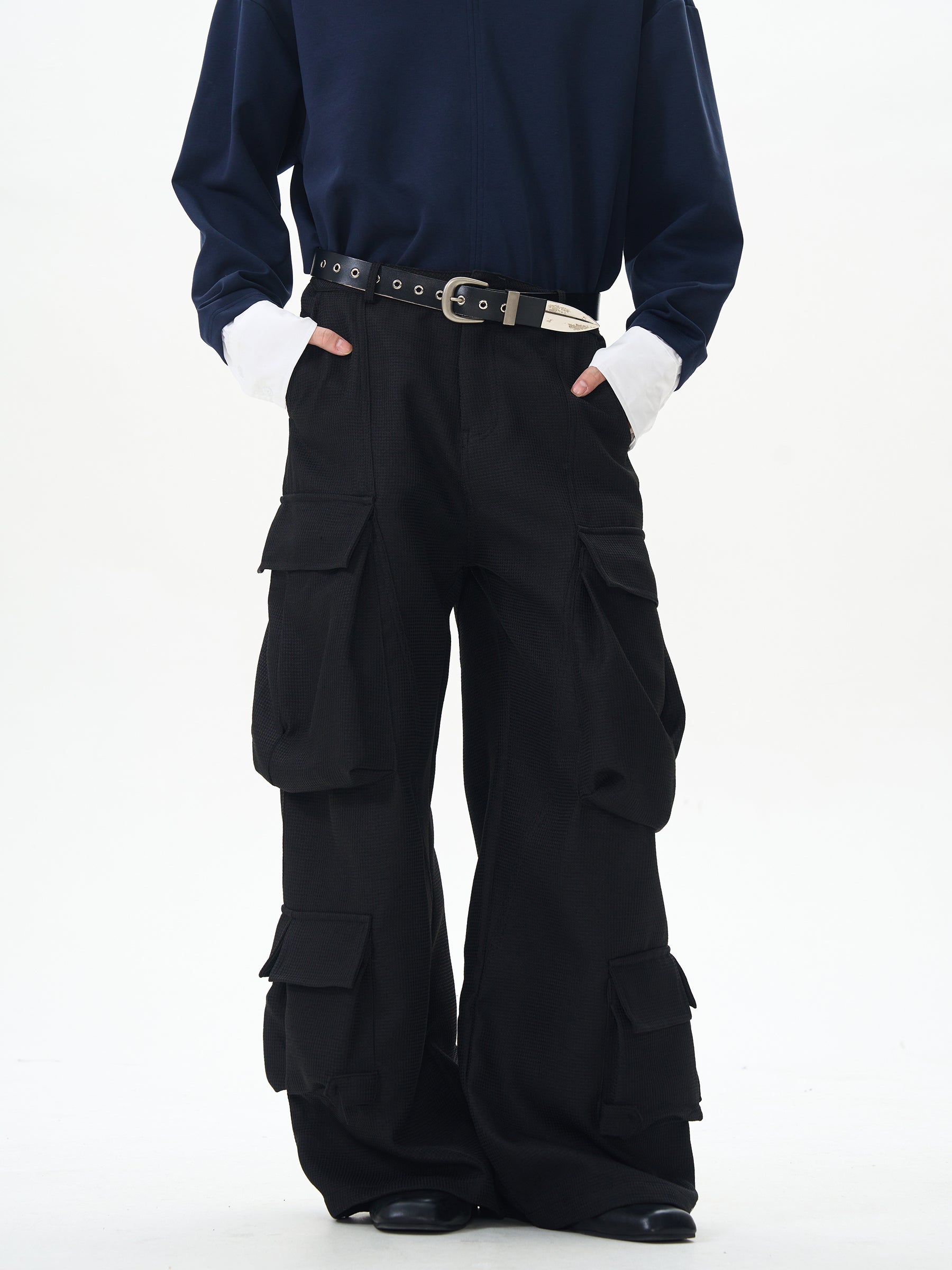 Black Wide Rave Cargo Pants
