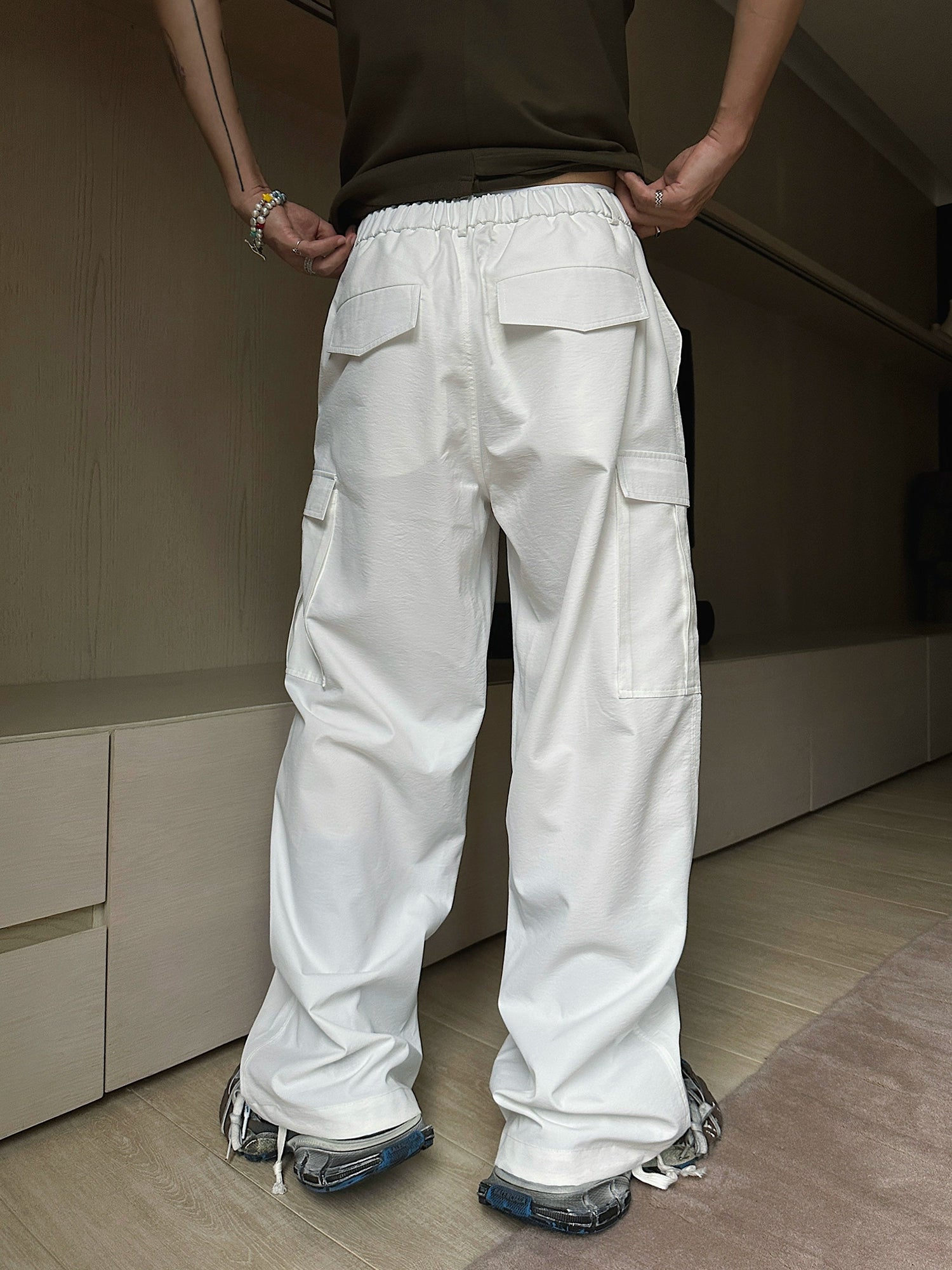 White Wide Leg Cargo Drawstring Pants