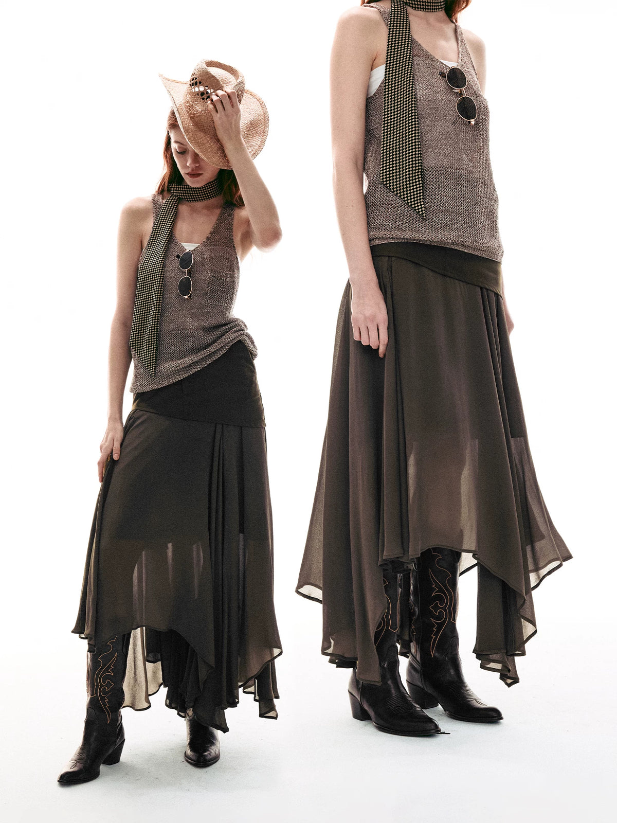 Desert Veil Asymmetric Pleated Midi Skirt