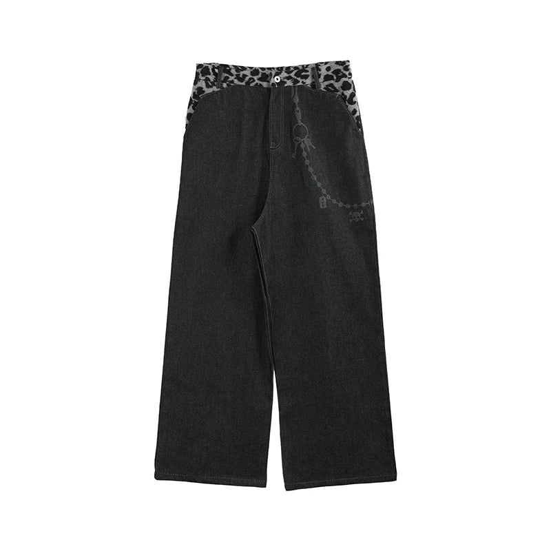 Leopard Waistband Chain Baggy Jeans