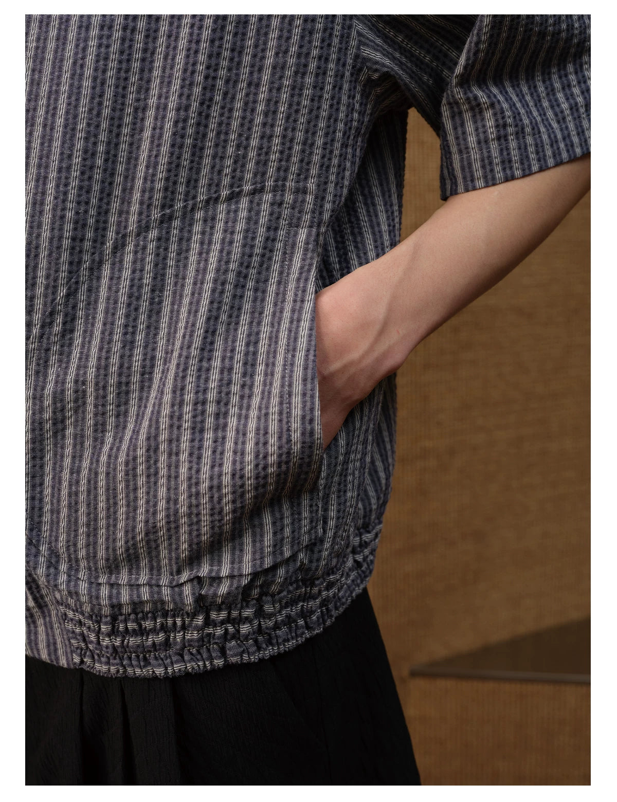 Vertical-Stripe Short-Sleeve Shirt with Curved Hem