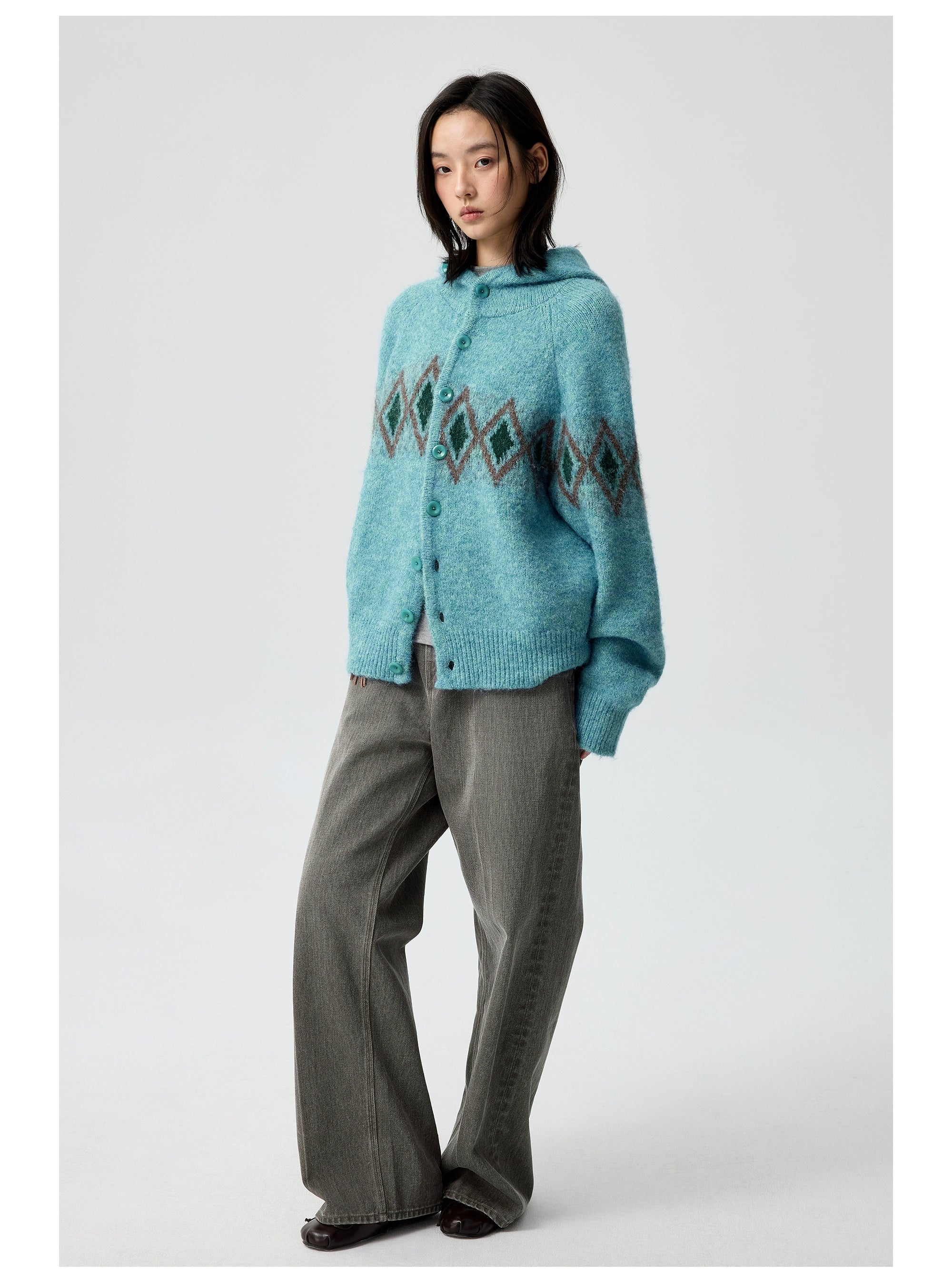 Diamond Pattern Hooded Wool Cardigan