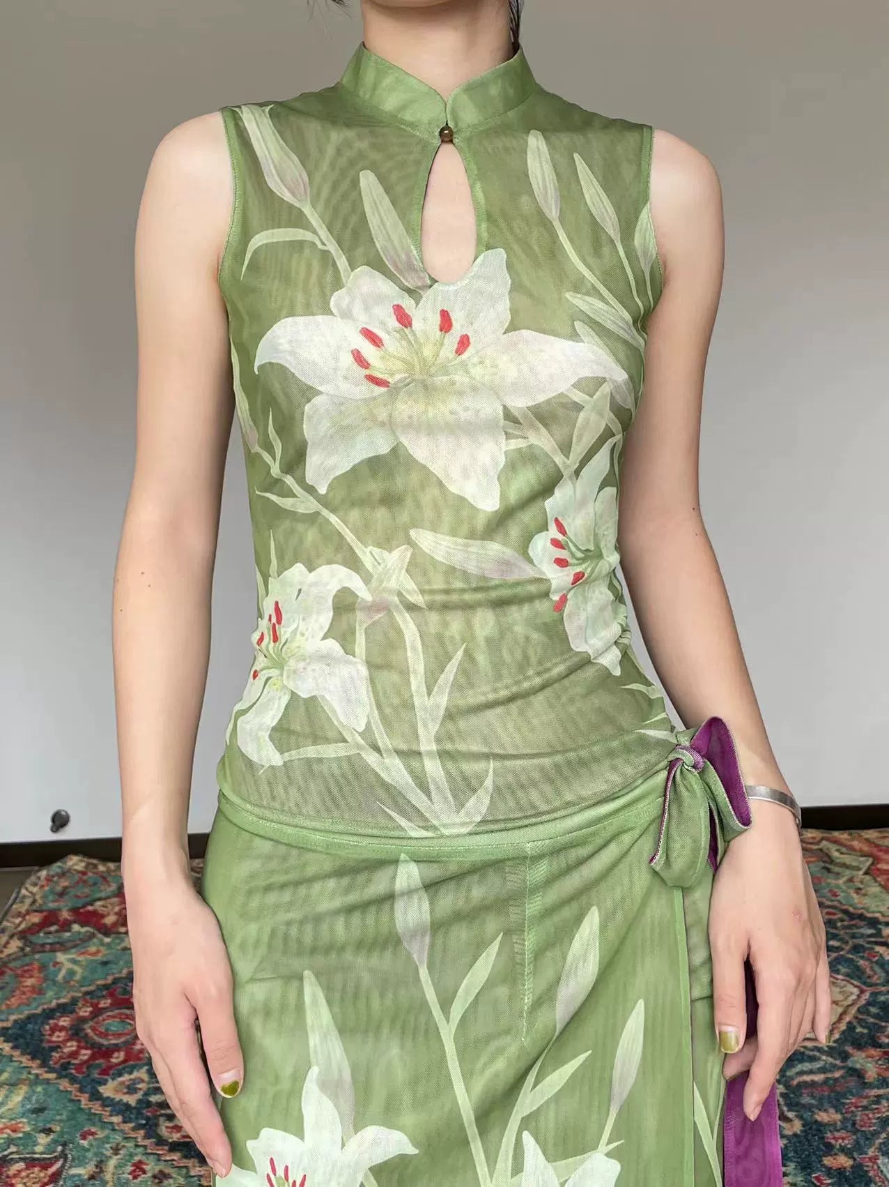 Oriental Lily Print Cheongsam Top
