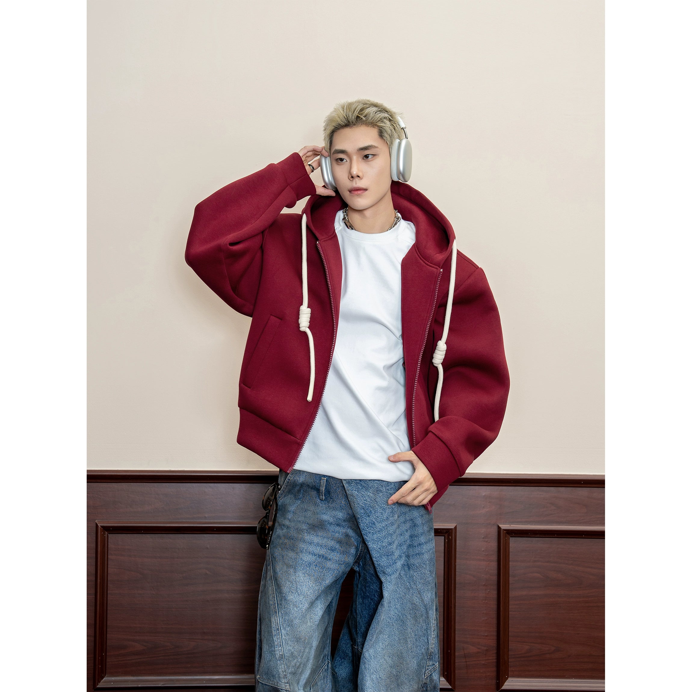 Thick Textured Knit Zip Up Hoodie