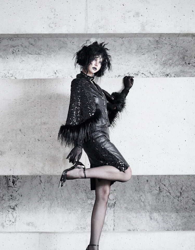 Black Snakeskin Mesh Faux Fur Pencil Skirt