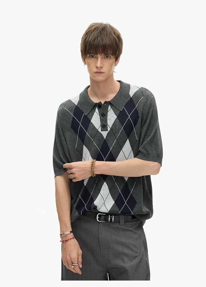 Midnight Argyle Knit Polo Tee