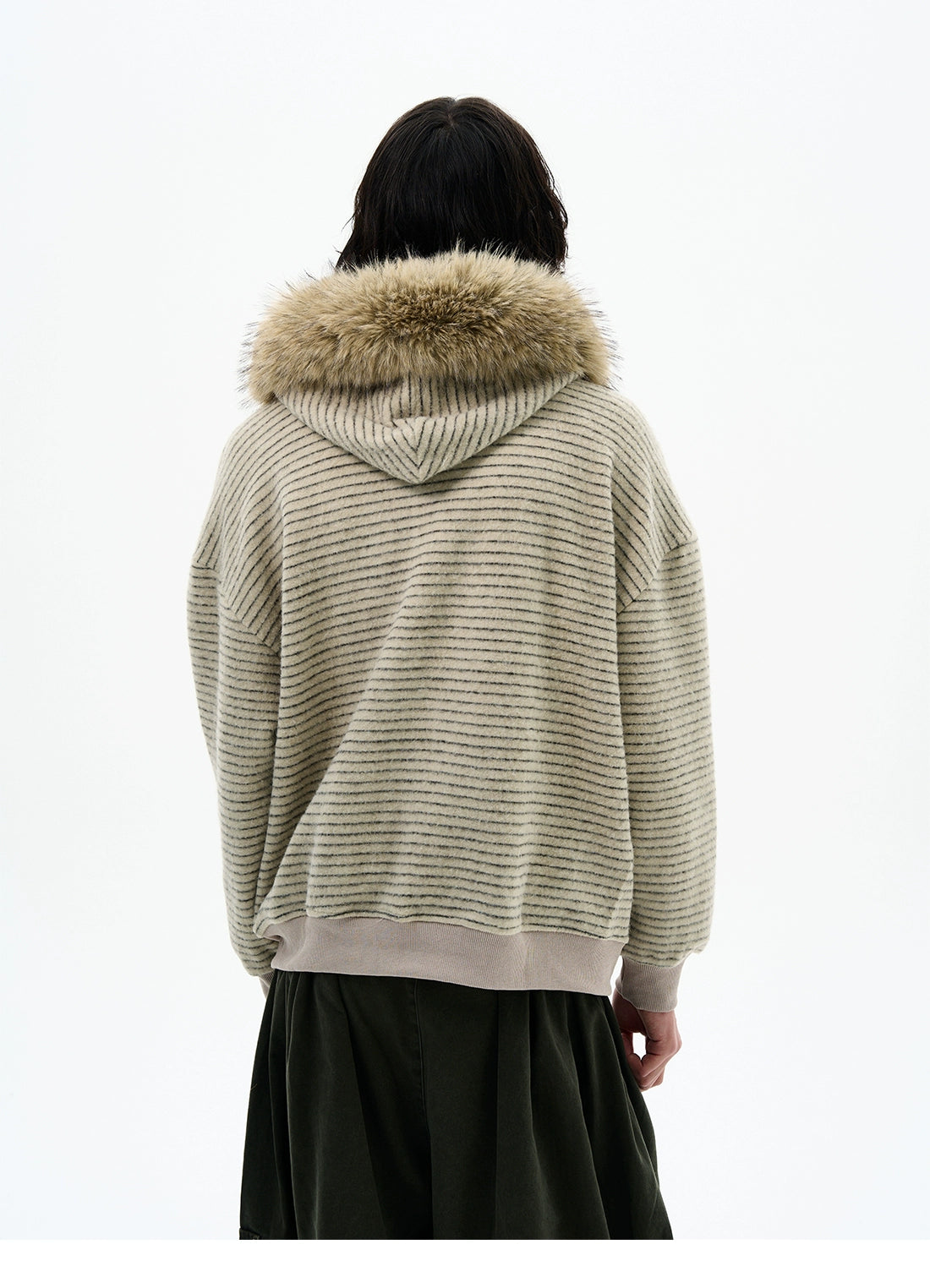 Striped Faux Fur Collar Zip Hoodie