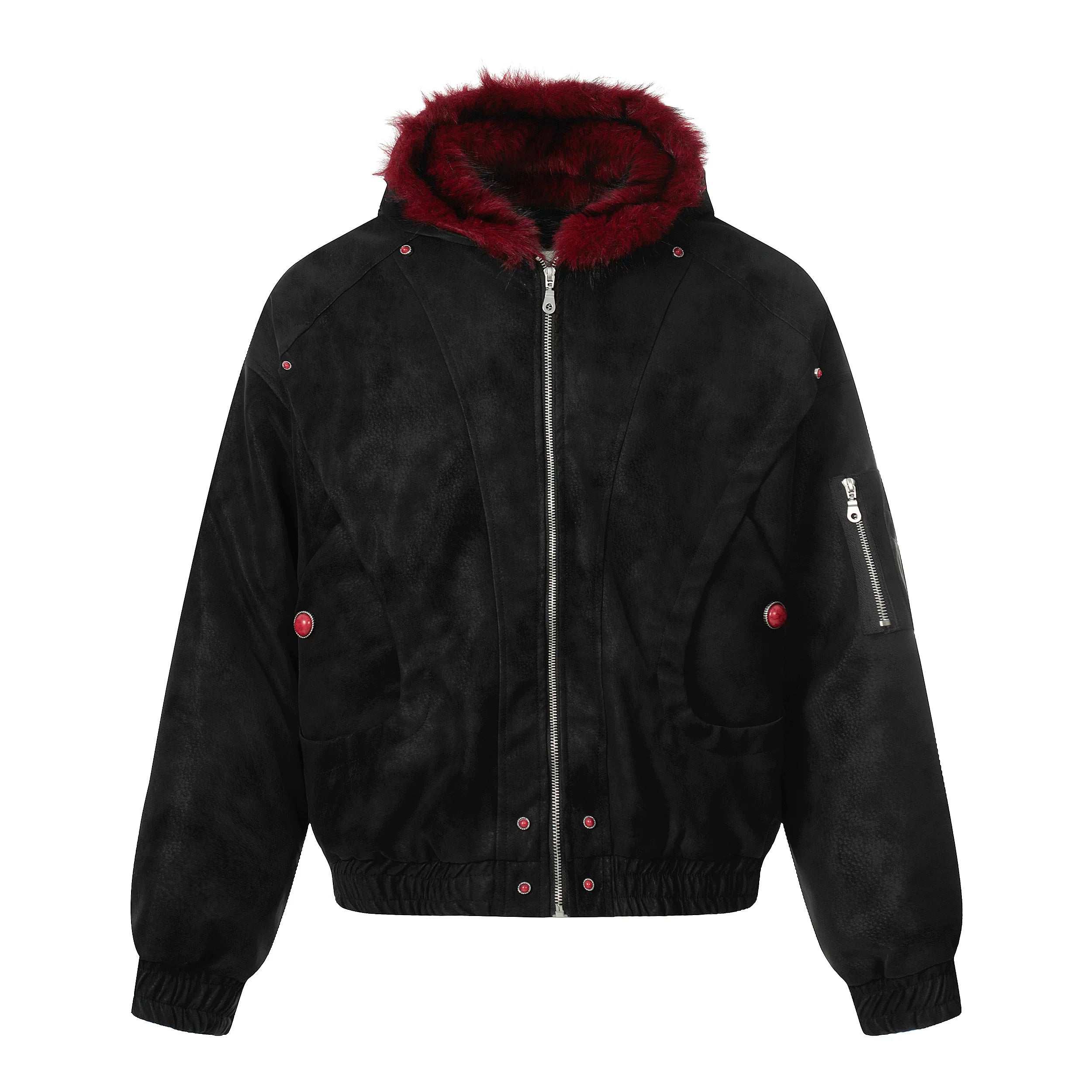 Crimson Howl Fur‑Hood Rebel Jacket