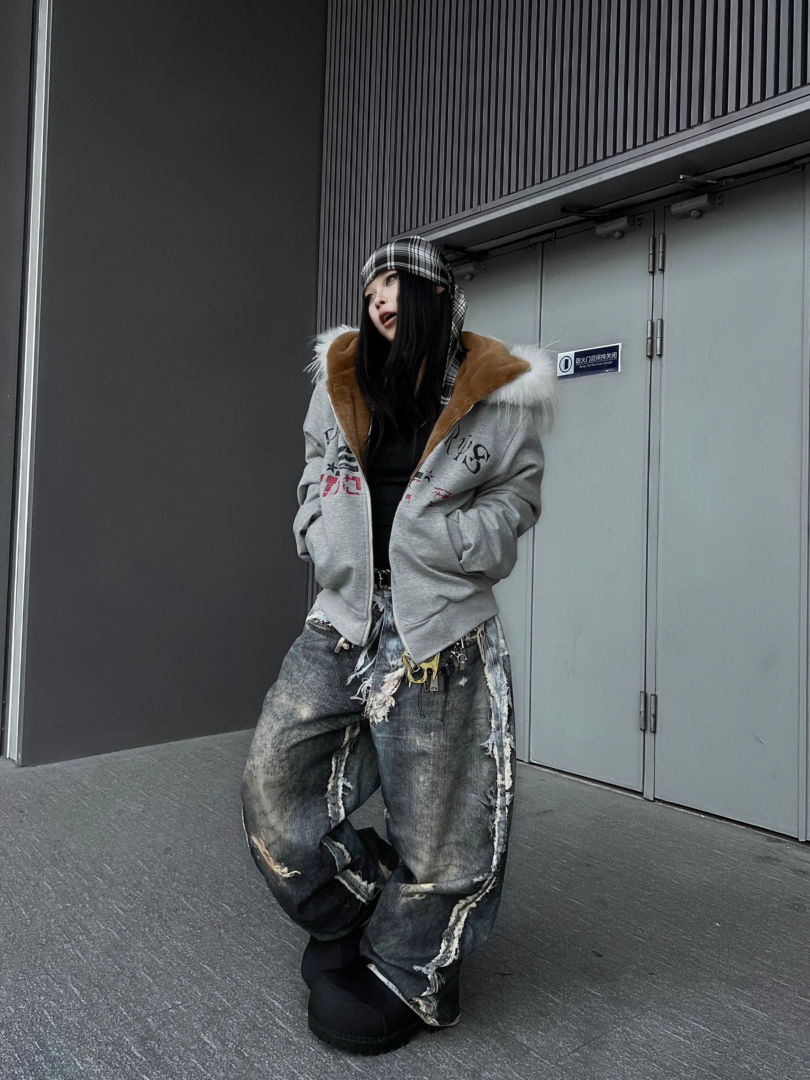 Men's Faux-Fur Graffiti-Print Zip-Up Hooded Jacket